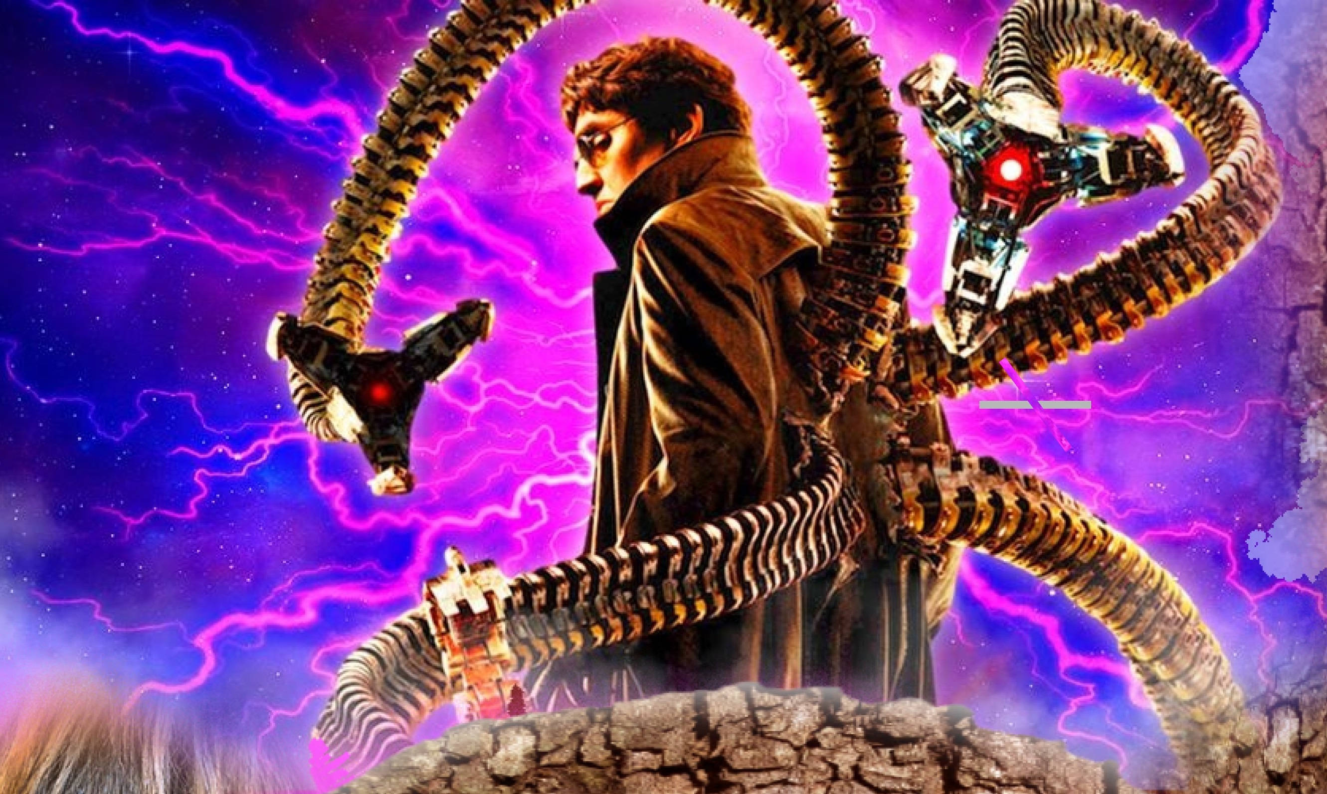 Doctor Octopus 桌布 壁紙 — 一個穿著棕色外套的男人挑釁地站著，機械觸手帶著發光的紅色眼睛從他身後出現，背景是暴風雨的紫色閃電天空。