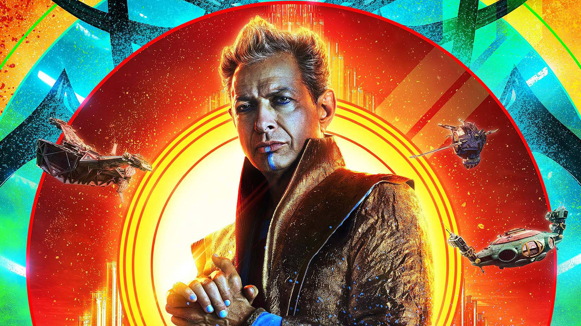 jeff goldblum 桌布 壁紙 — 一個穿著棕色外套的男人站在充滿活力的宇宙背景下，有飛行的太空船和發光的圓形光效。