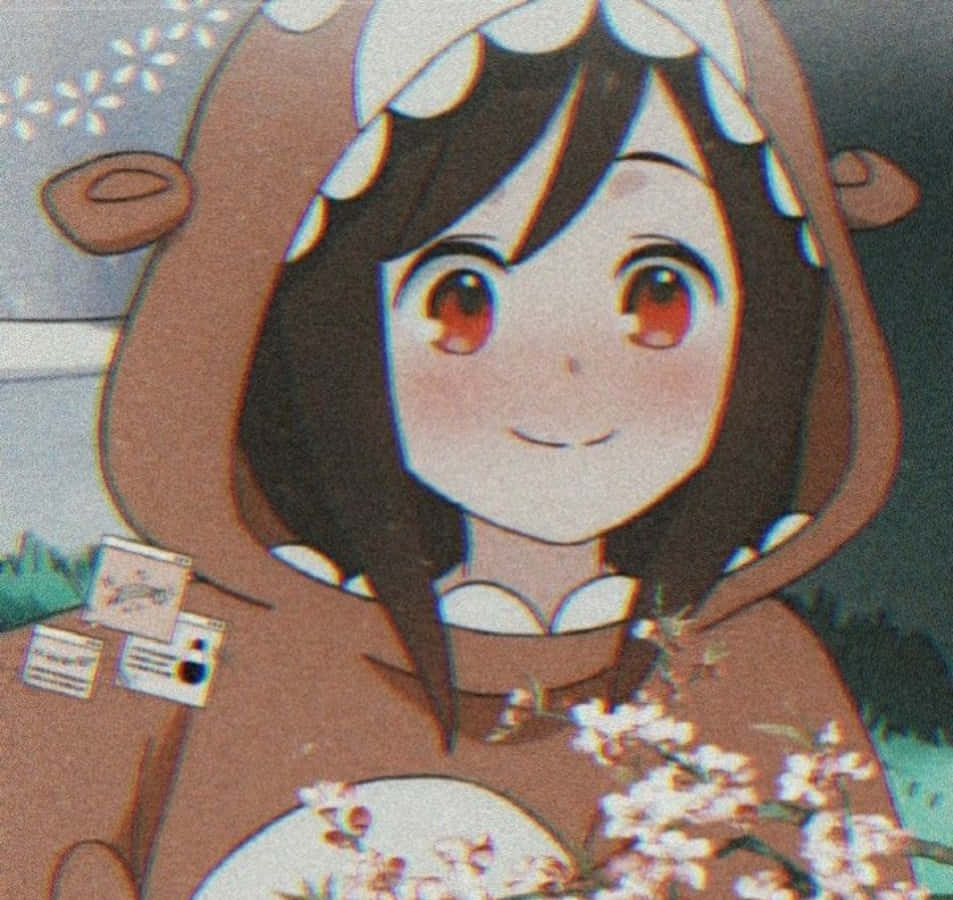 Aesthetic Anime Profile 桌布 壁紙 — 一個穿著棕色小熊連帽衫的開朗動漫女孩，在柔和模糊的背景中微笑著拿著櫻花。