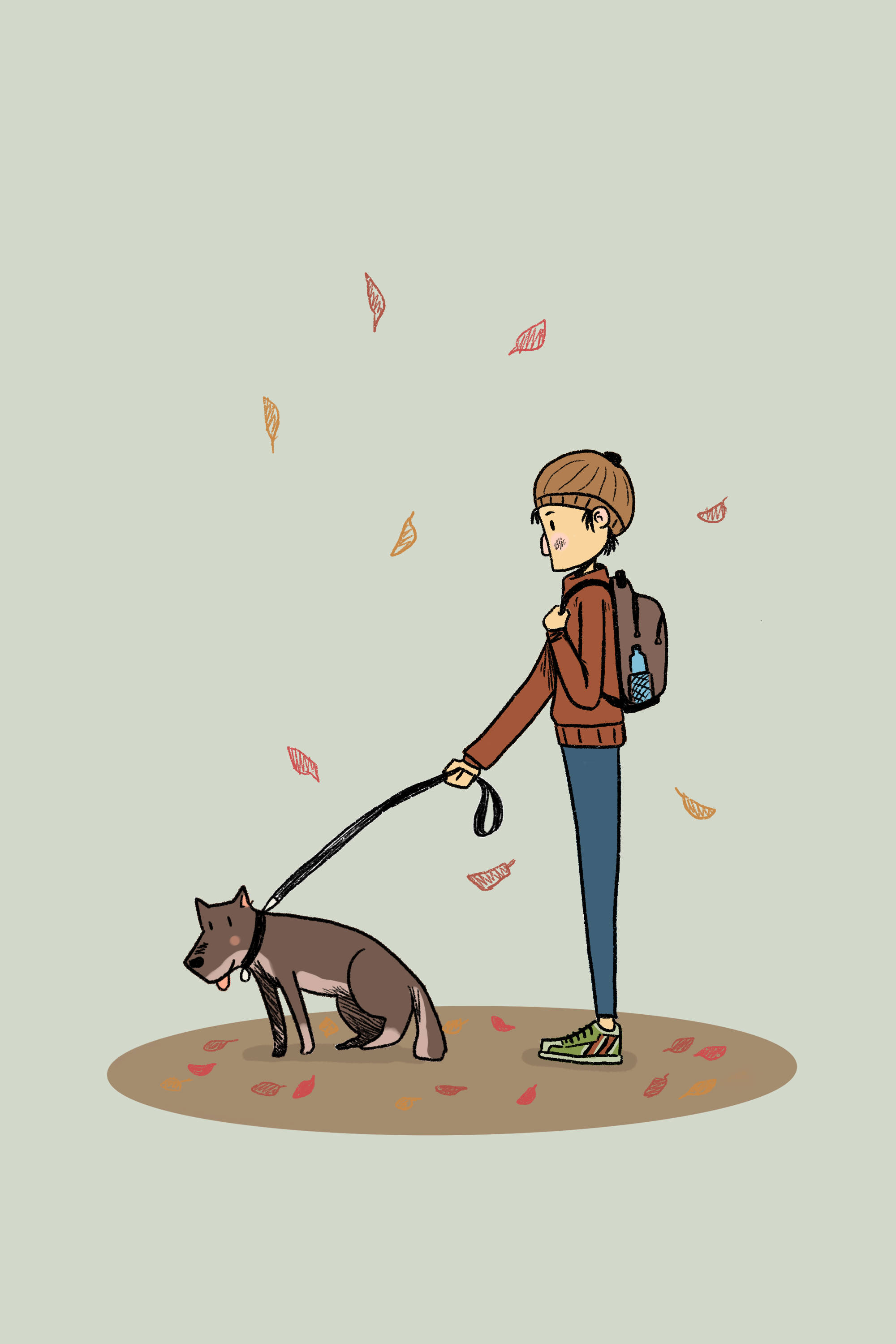 Fall Leaves 桌布 壁紙 — 一個穿著棕色毛衣和毛帽的人，在柔和的綠色背景下，牽著狗繩遛狗，周圍有飄落的秋葉。