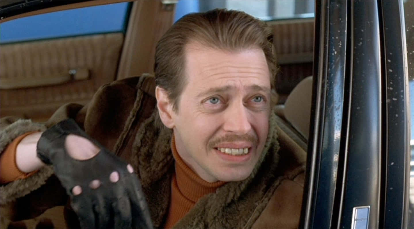steve buscemi 桌布 壁紙 — 一個穿著棕色毛領外套和黑色無指手套的男人，帶著緊張的表情從車窗探出身子。