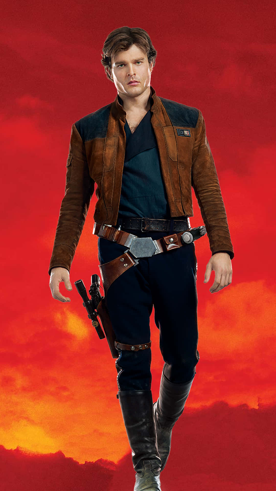 Solo A Star Wars Story 桌布 壁紙 — 一個穿著棕色皮夾克和深色褲子的男人，自信地走在火紅和橙色的天空下。