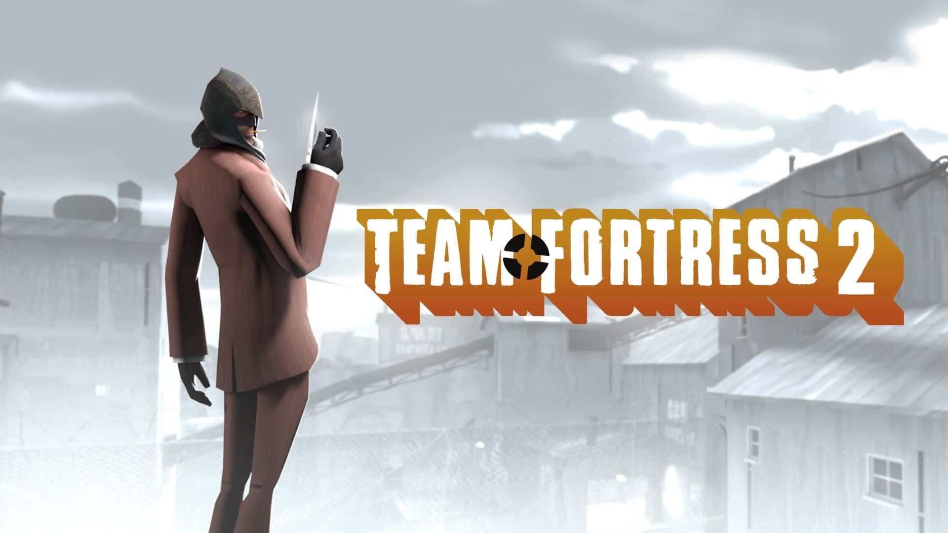 1920x1080 Tf2 桌布 壁紙 — 一個穿著棕色西裝和連帽衫的角色，在褪色的工業背景下手持刀具，背景有 Team Fortress 2 標誌。