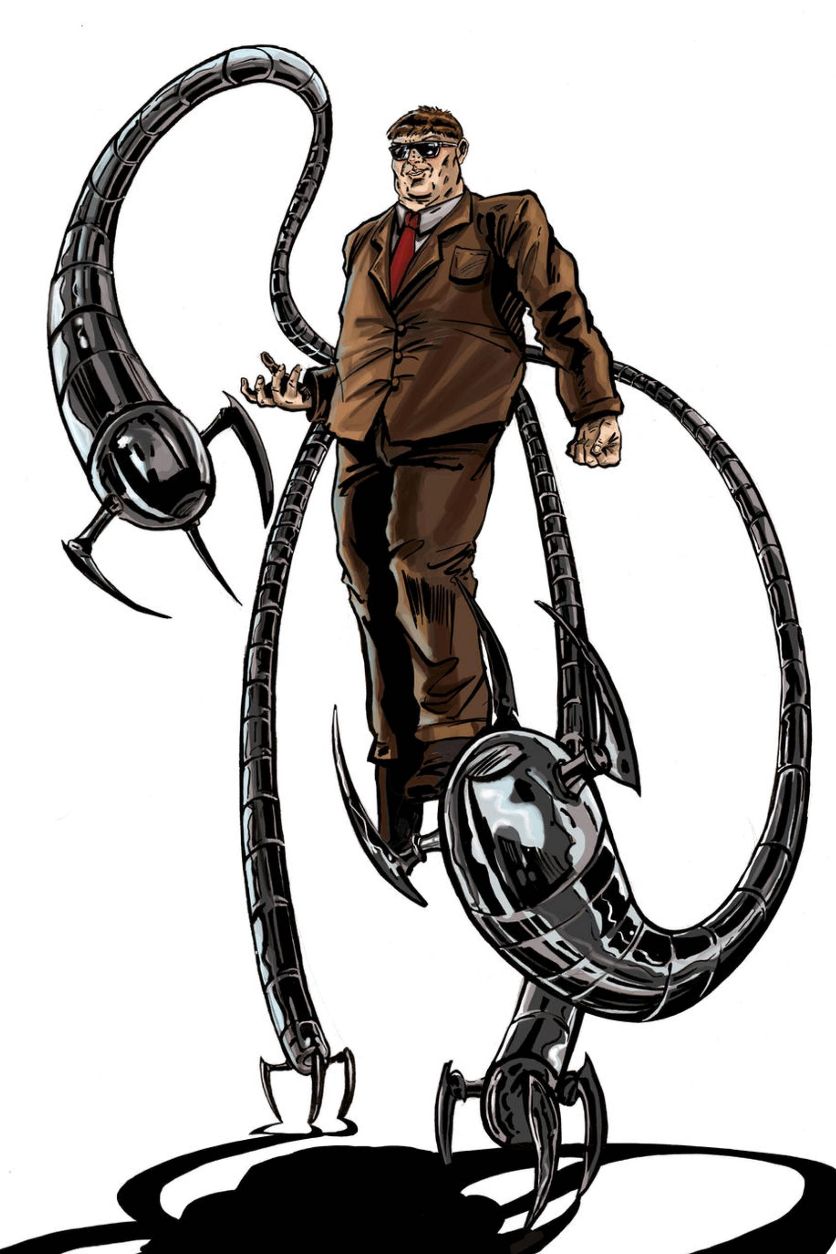 Doctor Octopus 桌布 壁紙 — 一個穿著棕色西裝的威脅性男子站在一個陰暗的平台上，被四個機械蠍尾包圍。