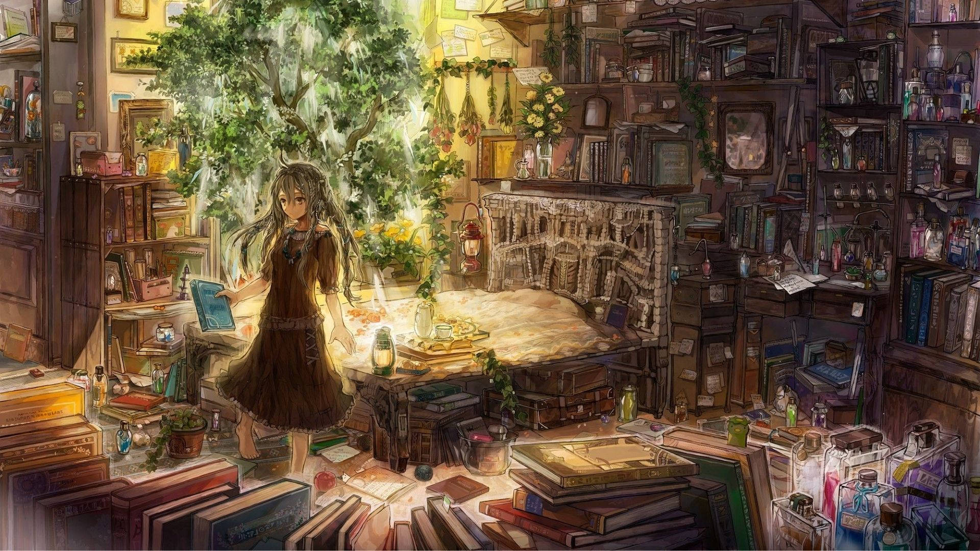 一個穿著棕色連衣裙的女孩站在一個舒適雜亂的圖書館裡，裡面充滿了書籍和植物。 — 動漫房間 壁紙