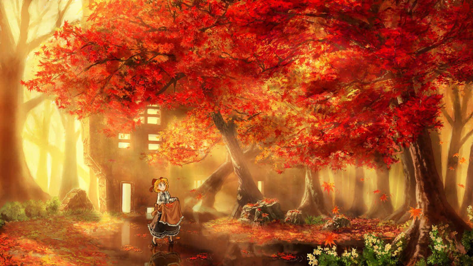 Anime Forest 桌布 壁紙 — 一個穿著棕色連衣裙的小女孩走過一片迷霧森林，沐浴在金色光芒下，頭頂是火紅的秋葉樹冠。
