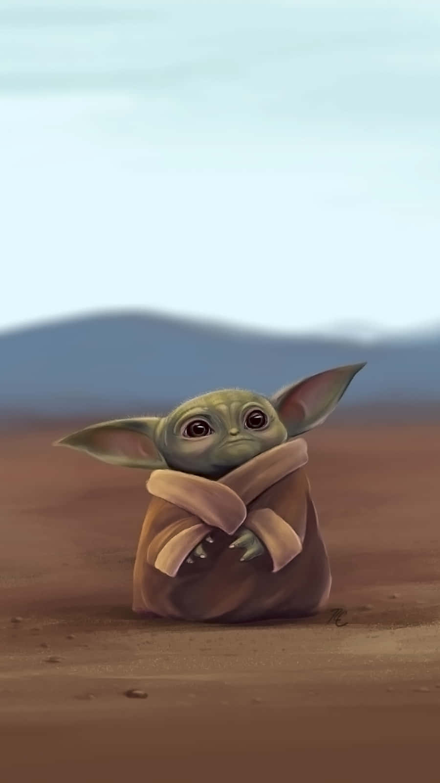 Baby Yoda Phone 桌布 壁紙 — 一個穿著棕色長袍的綠色小外星人小孩獨自坐在蒼白天空下的塵土飛揚的沙漠平原上。