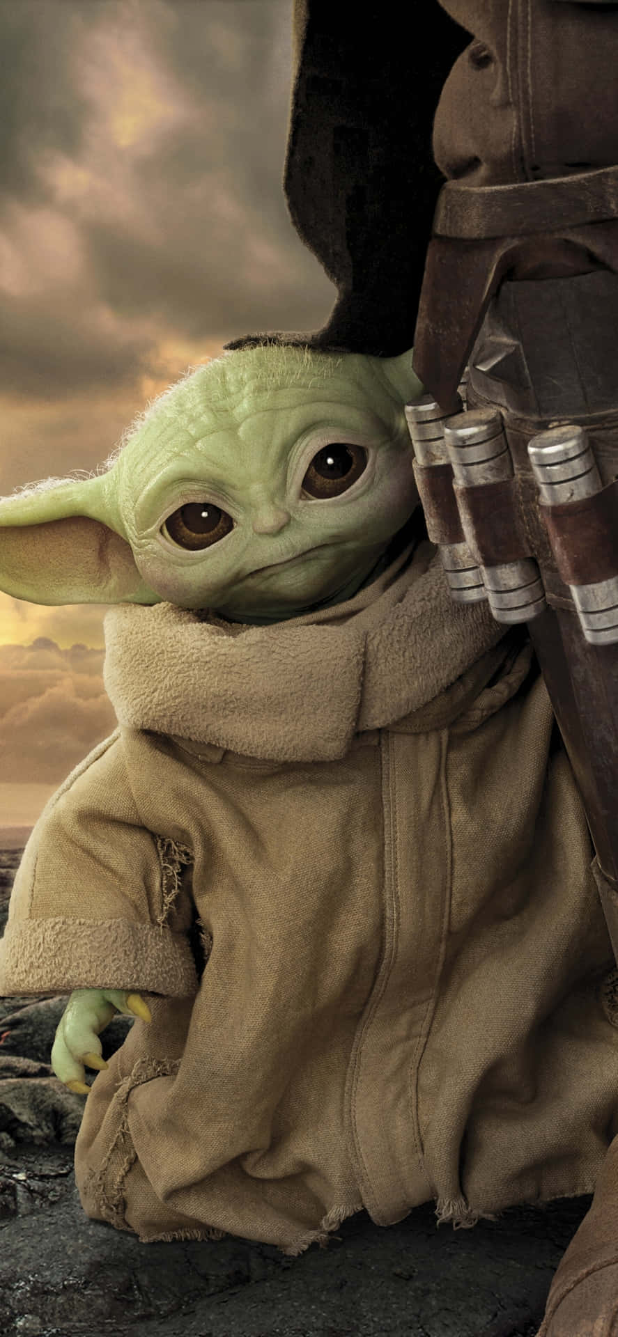 Baby Yoda Phone 桌布 壁紙 — 一個穿著棕褐色長袍的小綠色外星小孩，在暴風雨的天空下緊緊抓住一個較大人物裝甲的手臂。