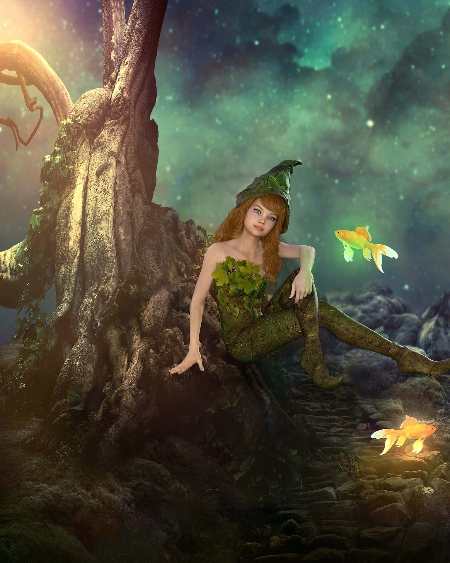仙女 桌布 壁紙 — 一個穿著樹葉服裝、帶著發光魚的奇幻森林精靈，在繁星點點的藍綠色天空下，靠在一棵多節的樹旁休息。