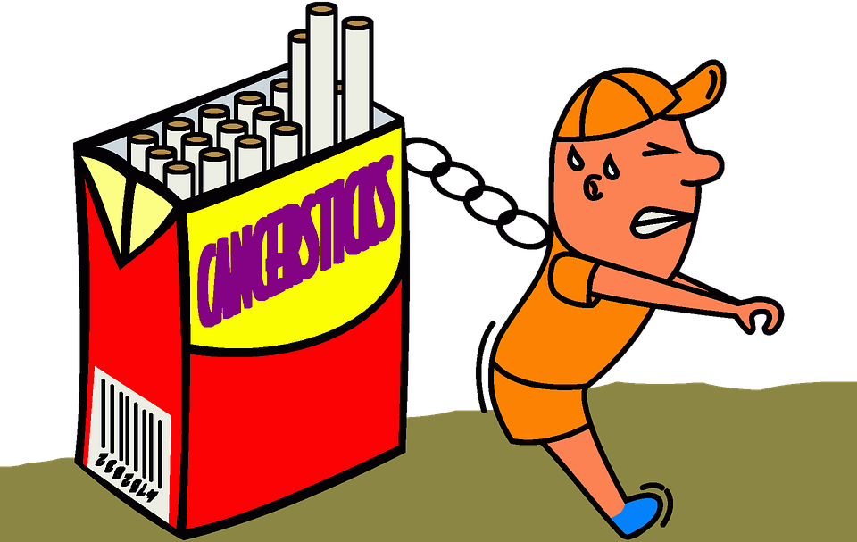 Tobacco 桌布 壁紙 — 一個穿著橘色衣服的卡通男孩逃離一個標有「CANCERSTICKS」的巨型紅色包裝，裡面有香菸灑出來。