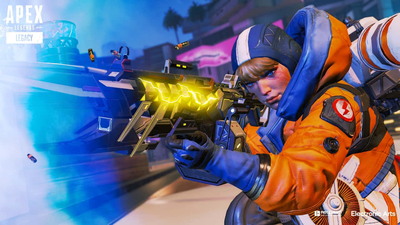 720p Apex Legends 桌布 壁紙 — 一個穿著橙色和藍色裝備的角色在未來城市環境中發射發光的黃色武器。