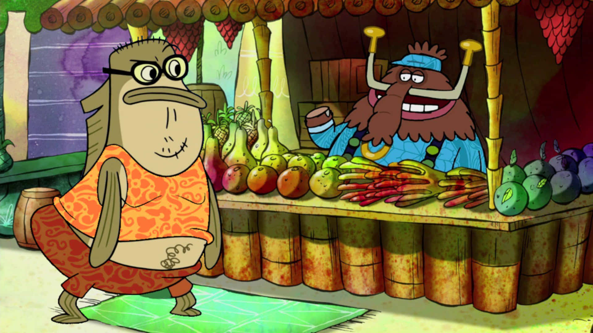 Bubble Bass 桌布 壁紙 — 一個穿著橙色圖案衣服的卡通魚販站在一個充滿活力的水果攤前，後面有一個開朗的毛茸茸的攤販。
