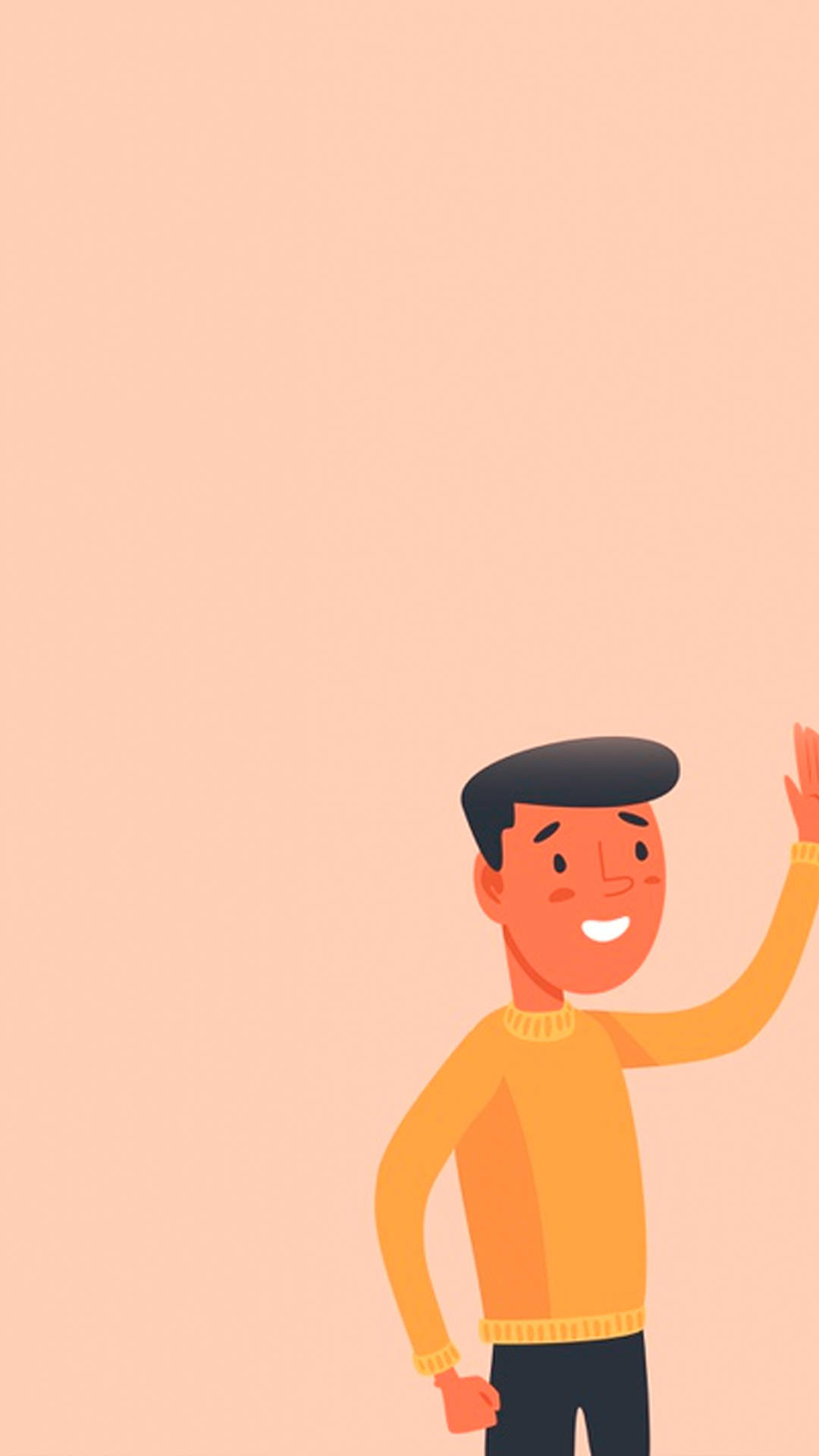 一個微笑的卡通男人穿著橙色毛衣在桃色背景上揮手。 — 配對 GIF 壁紙
