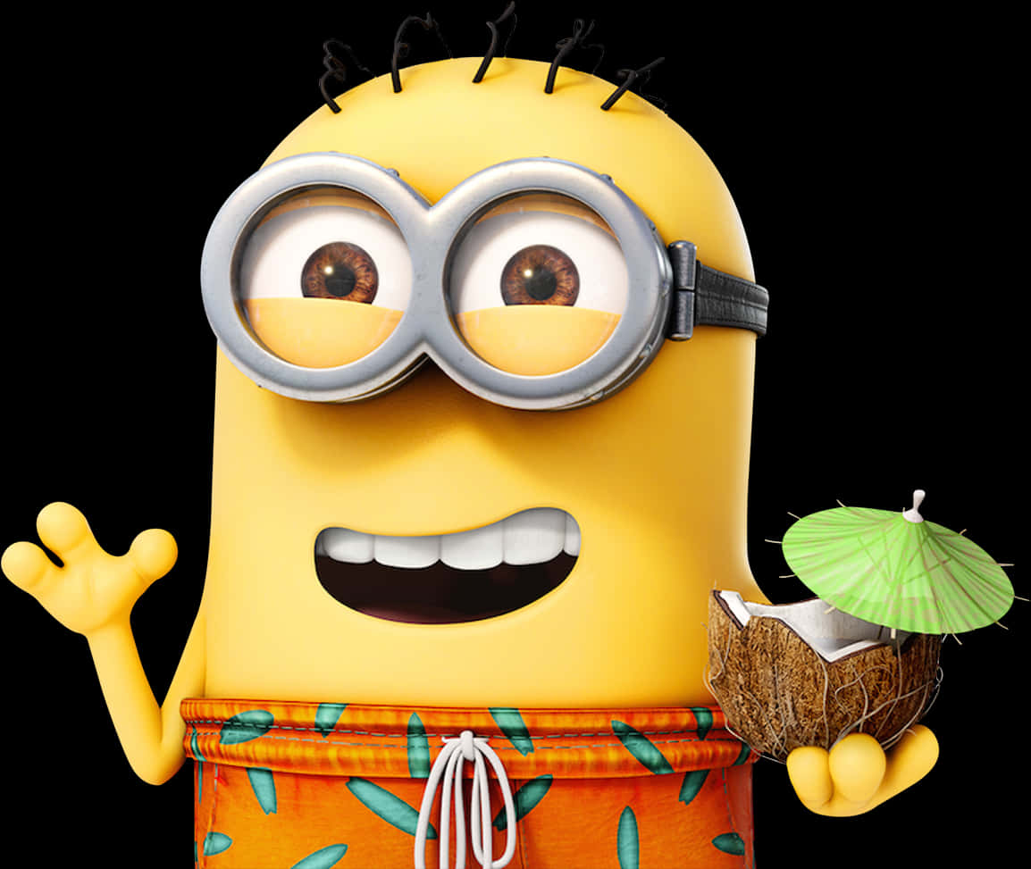 電影動圖 桌布 壁紙 — 一個穿著橙色泳褲的開心黃色Minion，一邊揮手一邊拿著一杯有綠色傘的椰子飲料。