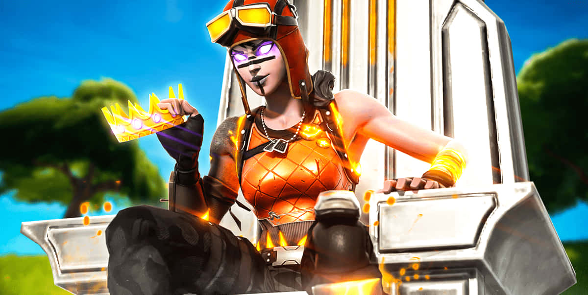 電玩遊戲 桌布 壁紙 — 一個穿著橙色盔甲的Fortnite角色坐在王座上，手持發光的皇冠，背景是明亮的藍天。