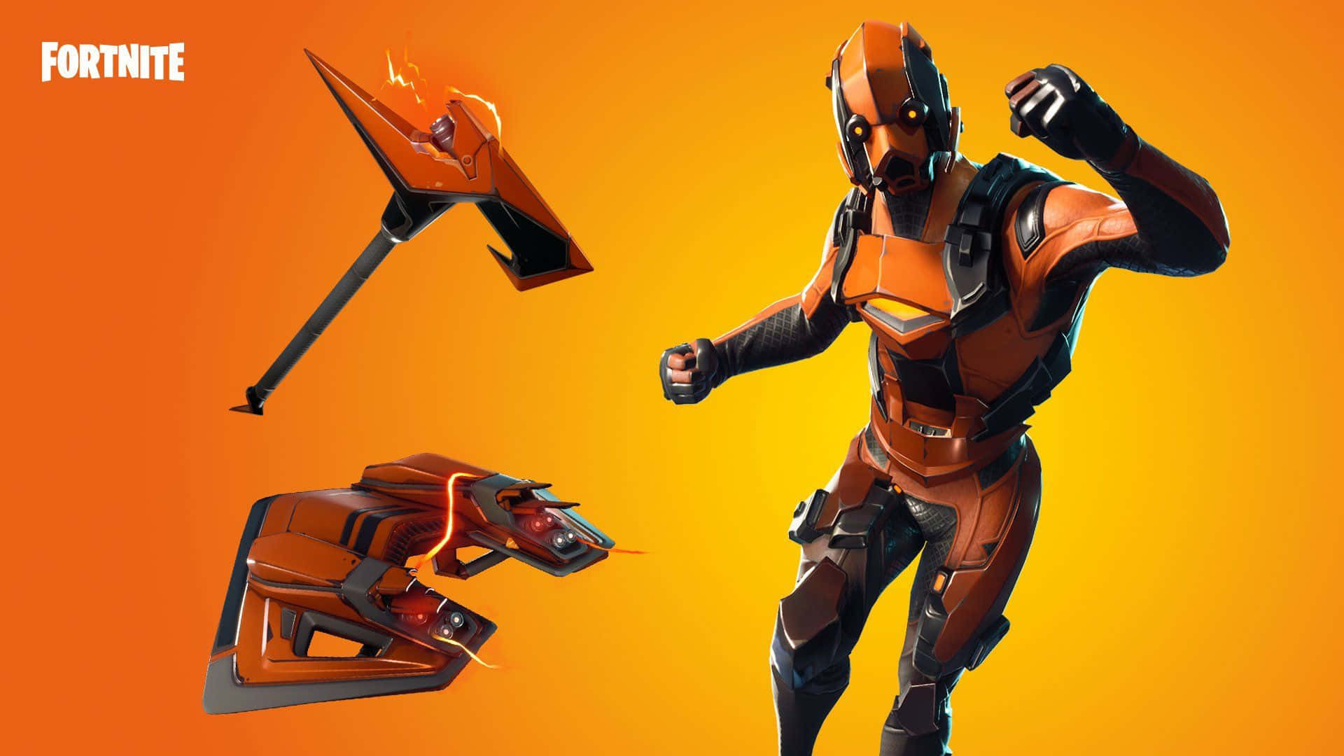 Fortnite 桌布 壁紙 — 一個穿著橙色盔甲的Fortnite角色，手持發光的橙色鎬和滑翔翼，在橙色漸變背景前動感擺姿勢。
