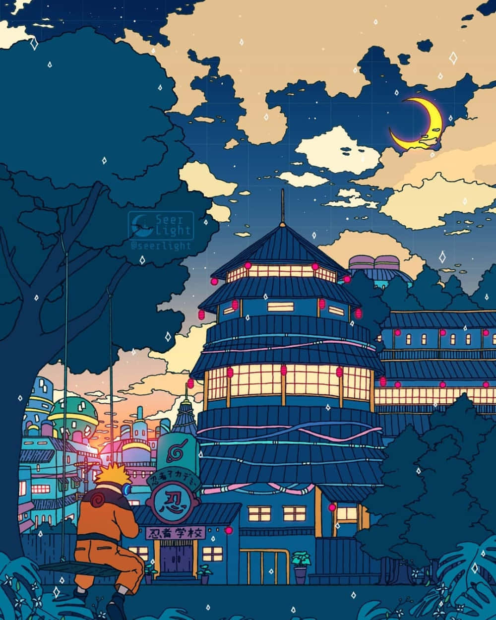 桌布 壁紙 — 一個穿著橙色衣服的年輕忍者坐在發光的藍色塔前，背景是新月和星空。
