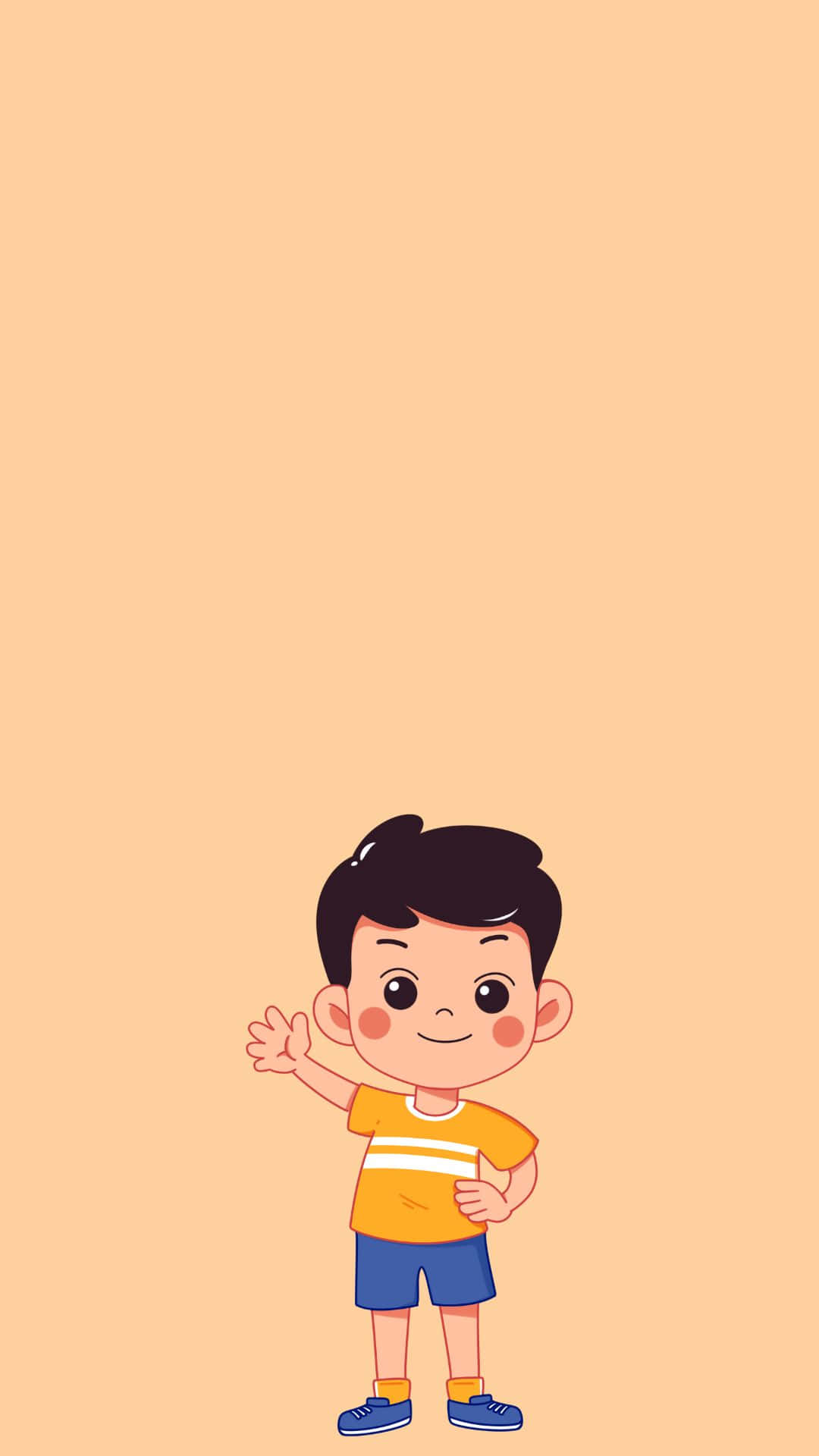 Handsome Boy 桌布 壁紙 — 一個穿著橙色襯衫和藍色短褲的快樂卡通男孩，在純蜜桃色背景上開心地揮手。