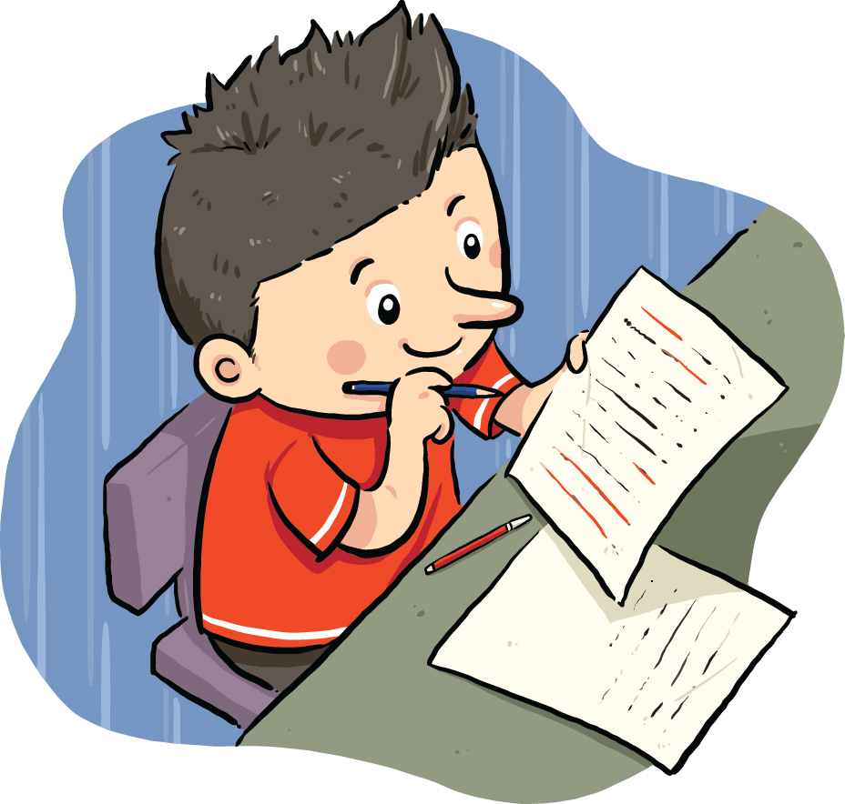 Notebook 桌布 壁紙 — 一個穿著橙色襯衫的快樂卡通男孩坐在書桌前，嘴裡叼著筆審閱文件。