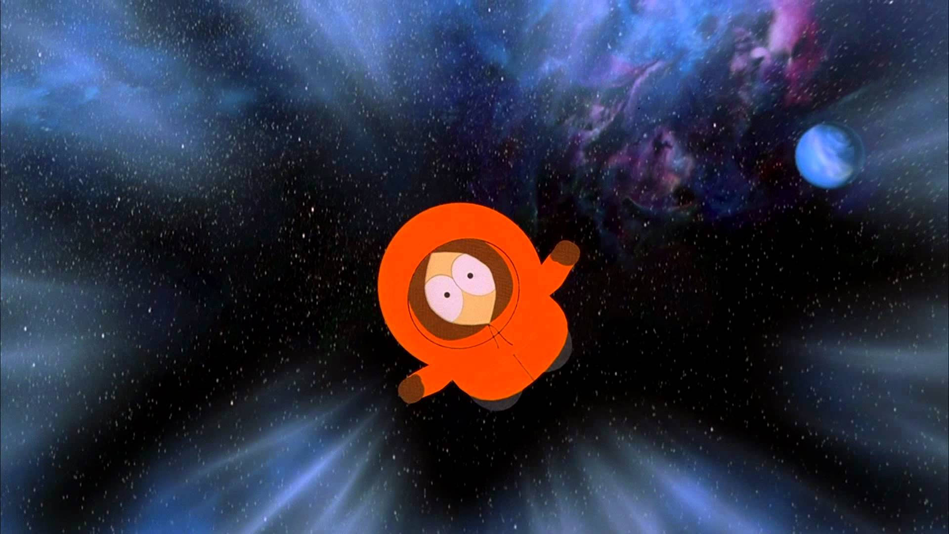 Kenny 桌布 壁紙 — 一個穿著橙色連帽外套的卡通男孩獨自漂浮在充滿星星和彩色星雲的充滿活力的宇宙空間中。