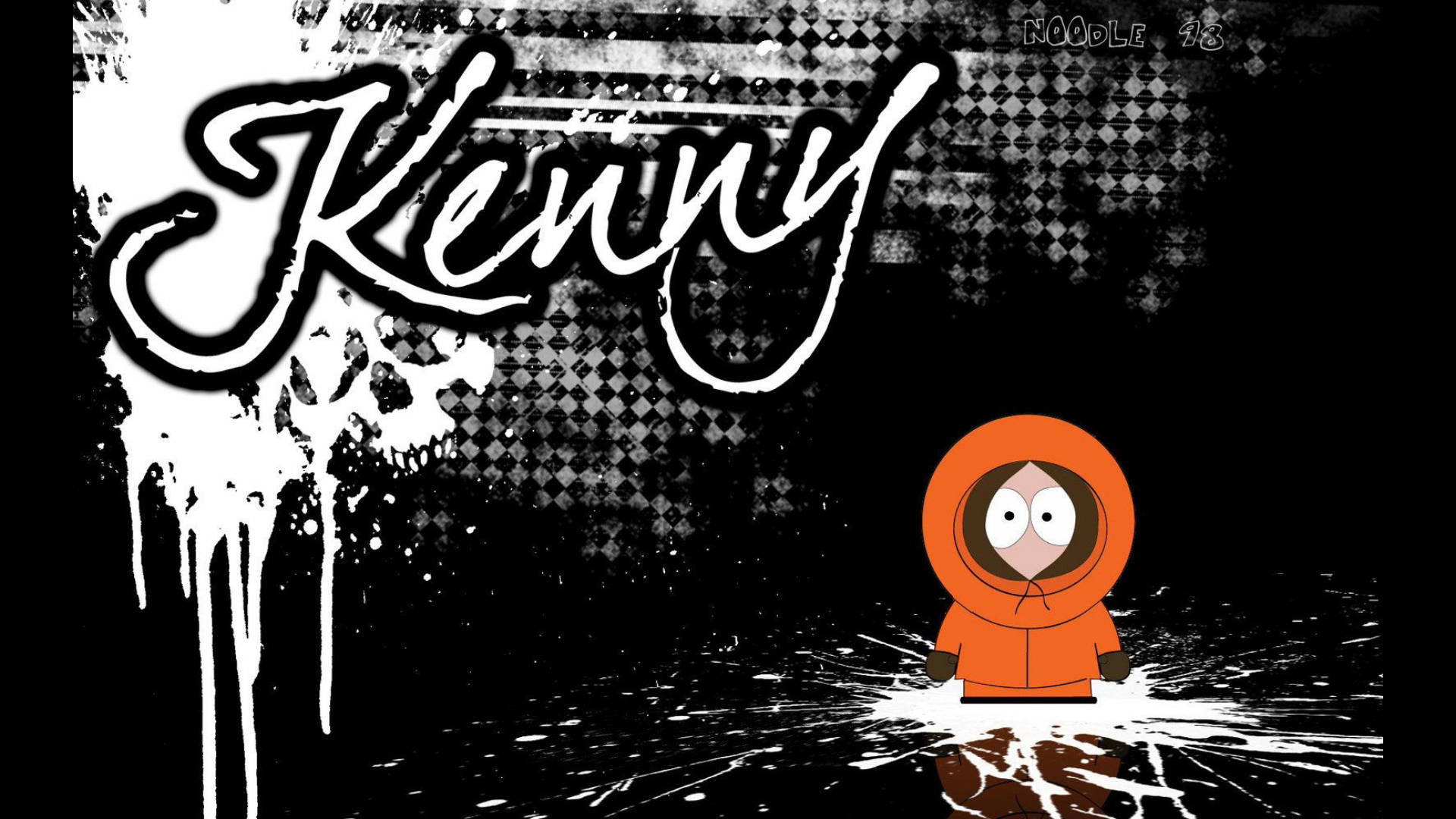 Kenny 桌布 壁紙 — 一個穿著橙色連帽外套的卡通角色，站在黑白棋盤格牆前，下方有一個滴落效果的塗鴉風格 'Kenny' 標誌。