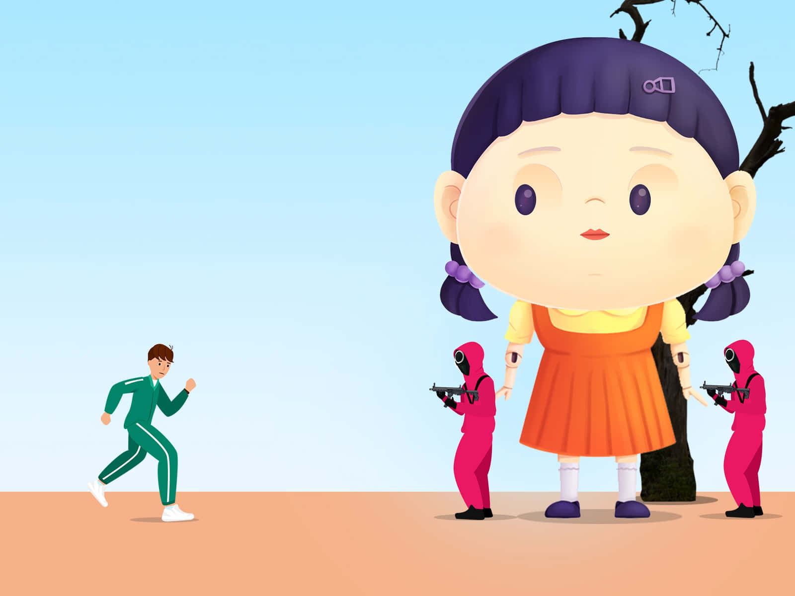 Squid Game 桌布 壁紙 — 一個穿著橙色連衣裙的巨型女孩平靜地站著，兩個穿著粉紅色西裝、持槍的人物在她兩側，一個穿著綠色衣服的男人在晴朗的天空下逃跑。