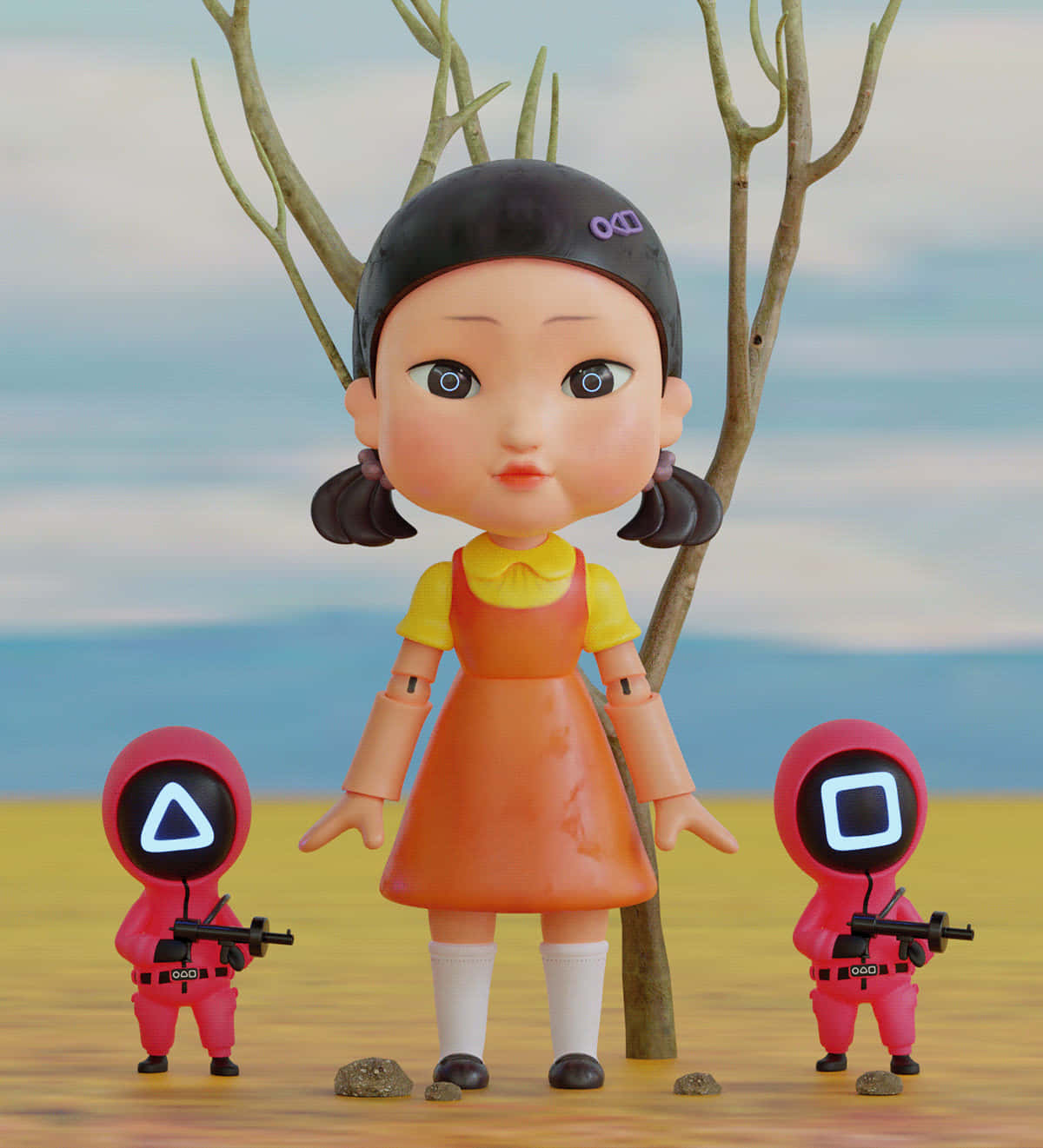 Squid Game 桌布 壁紙 — 一個穿著橙色連衣裙的風格化娃娃女孩站在兩個穿著粉紅色西裝、帶有發光符號的人物之間，在一棵光禿禿的樹下。