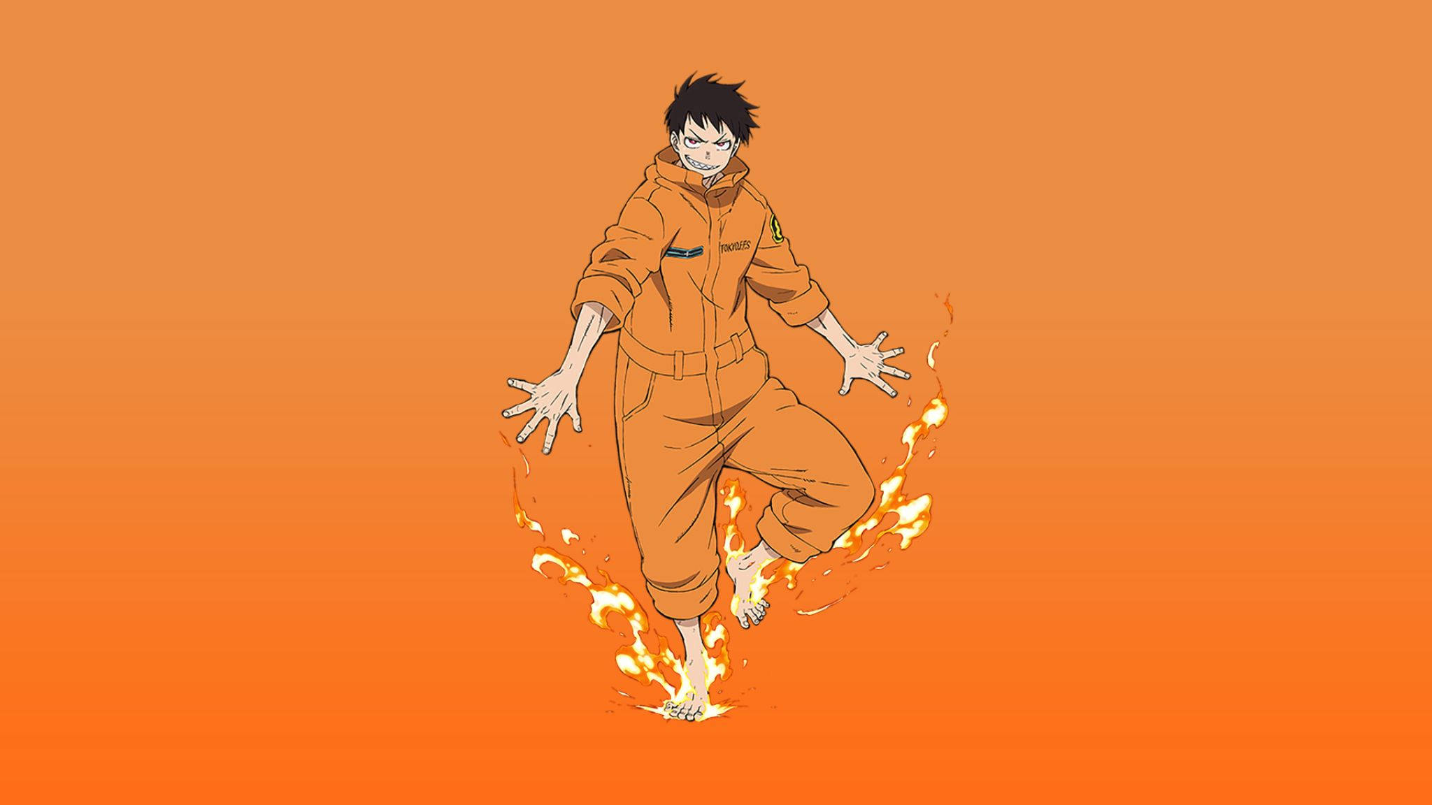 Fire Anime 桌布 壁紙 — 一個穿著橙色連身衣的動漫角色在半空中被火焰包圍，背景是純橙色漸變色。