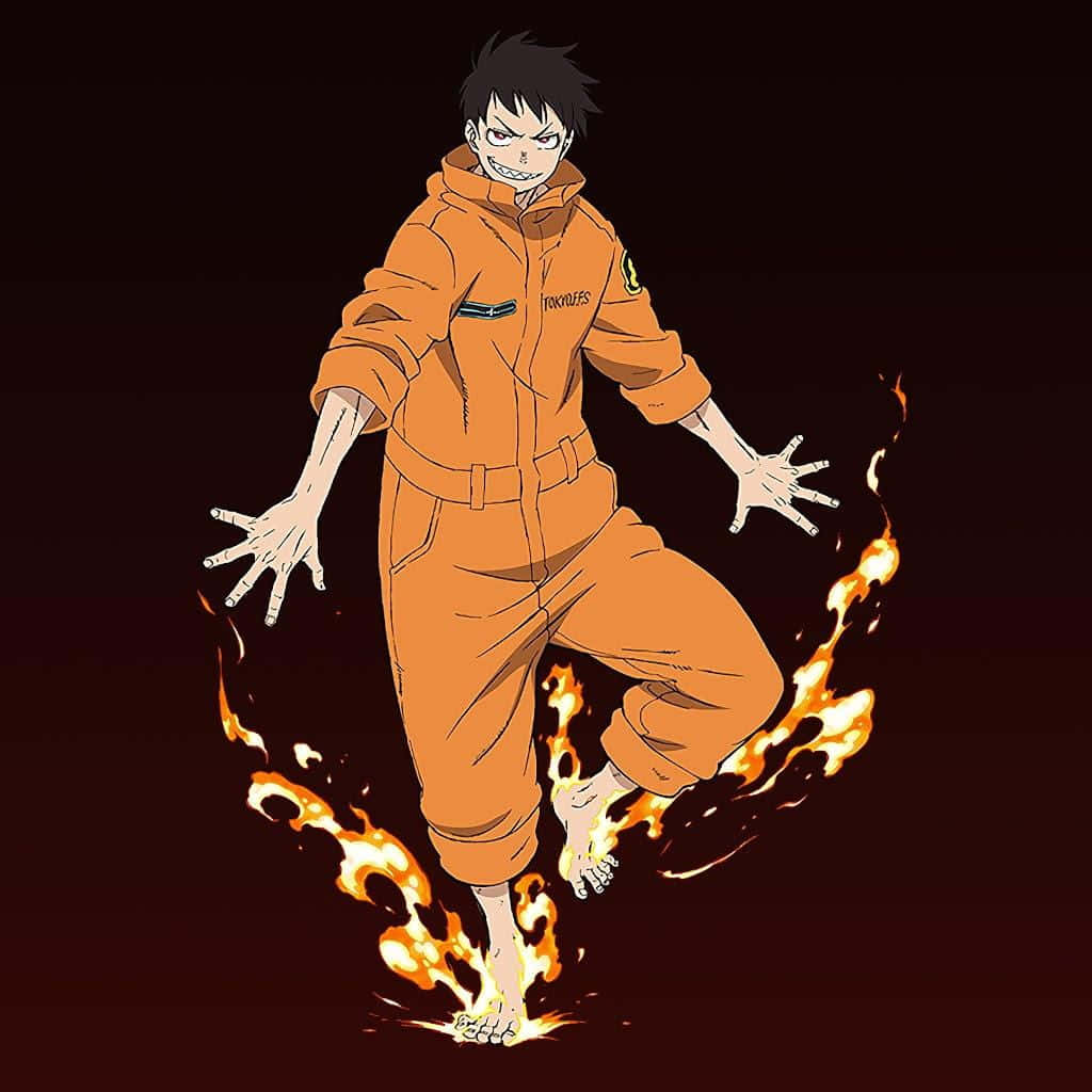 動漫 桌布 壁紙 — 一個穿著橙色連身衣的動漫角色在黑暗背景中，被火焰包圍，懸浮在半空中。