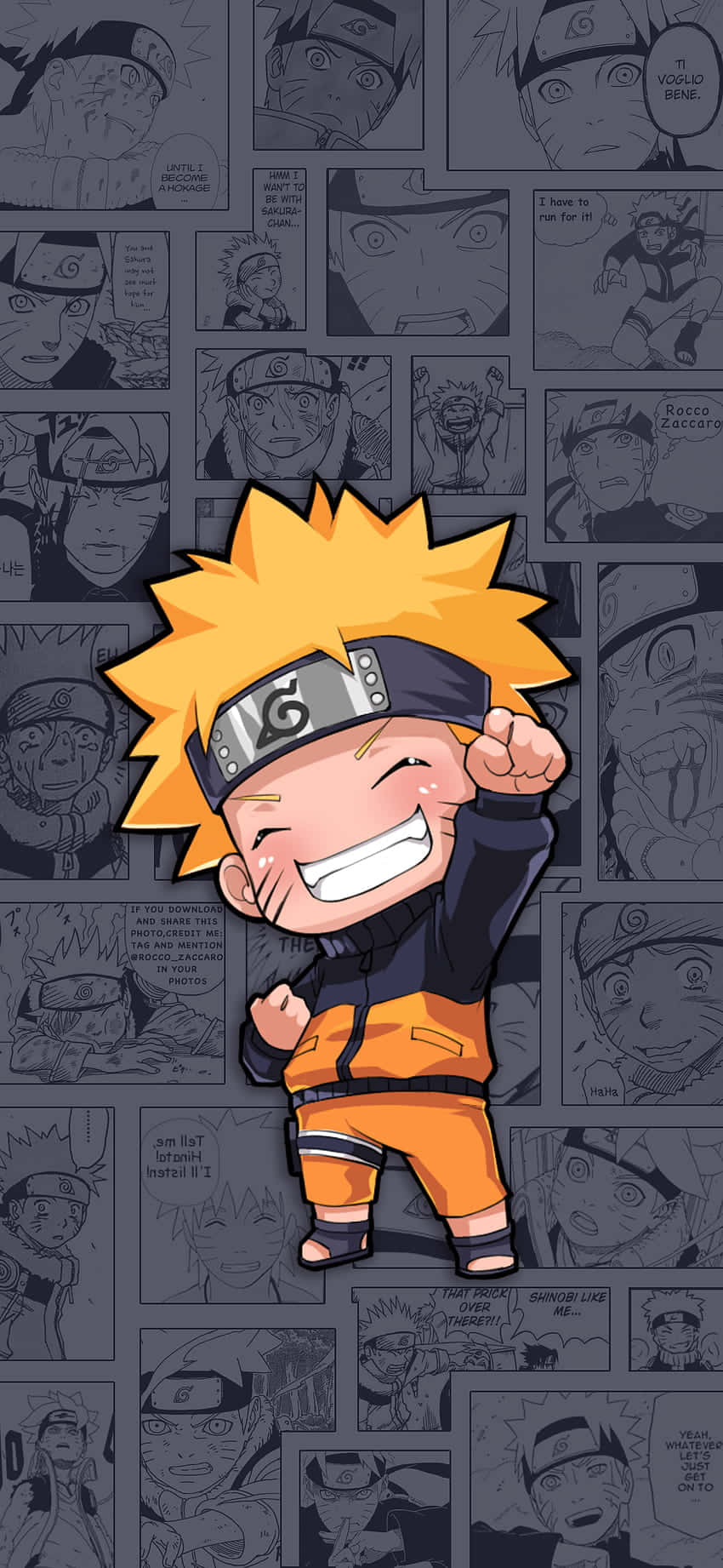 Naruto Aesthetic Phone 桌布 壁紙 — 一個穿著橙色連身衣的開心Q版漩渦鳴人，在灰色漫畫面板背景前咧嘴笑著向前出拳。