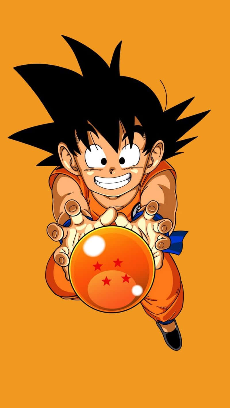 Dragon Ball iPhone 桌布 壁紙 — 一個穿著橙色道服、開心的動畫男孩，在純橙色背景前拿著一顆發光的橙色龍珠，上面有四顆紅色星星。