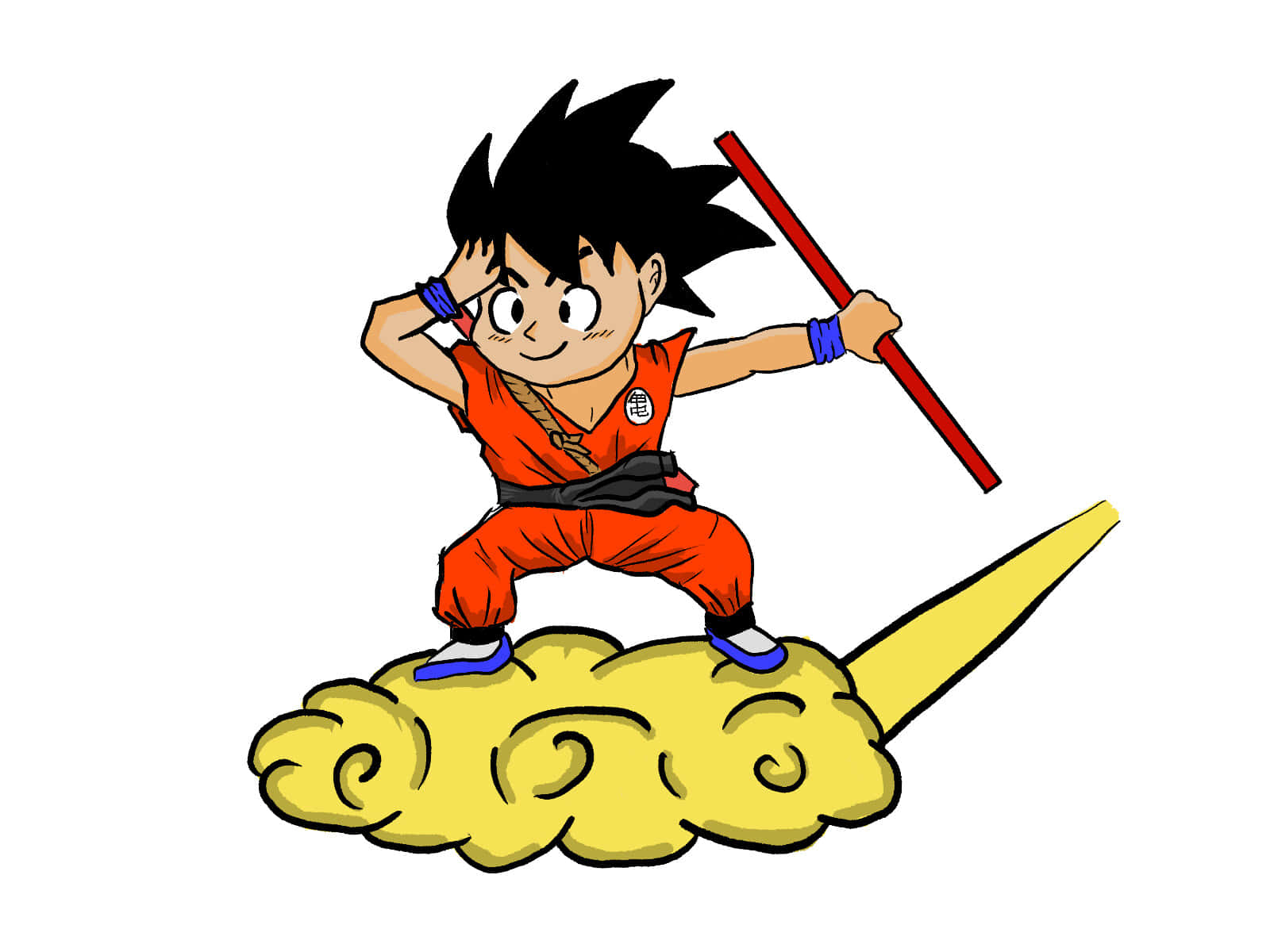 Nimbus 桌布 壁紙 — 一個穿著橙色道服的年輕動漫男孩自信地站在黃色雲朵上，手持紅色法杖，黑色刺蝟頭。