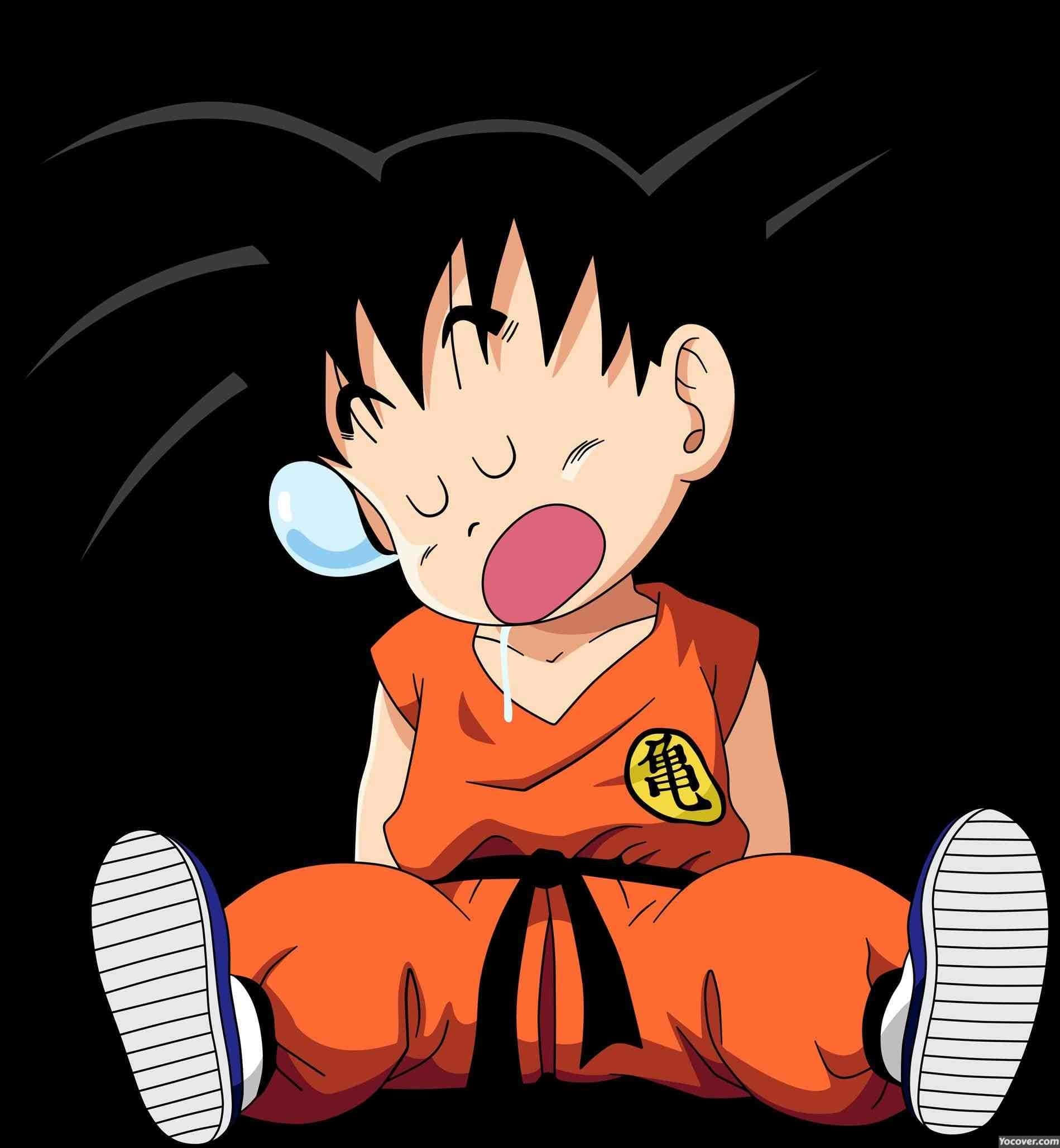 kid goku 桌布 壁紙 — 一個穿著橙色道服的年輕動畫男孩坐在黑色背景前哭到流眼淚和口水。