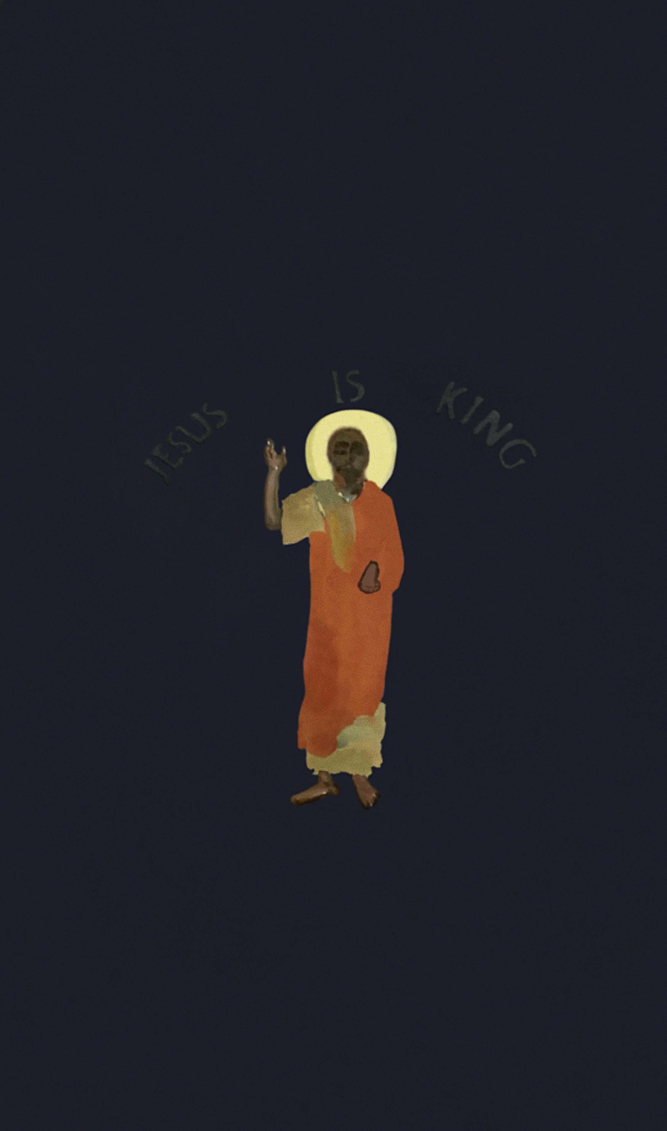 Jesus Is King 桌布 壁紙 — 一個穿著橙色長袍、帶有光環的風格化人物，在黑暗背景中舉起一隻手，上方漂浮著「Jesus Is King」字樣。