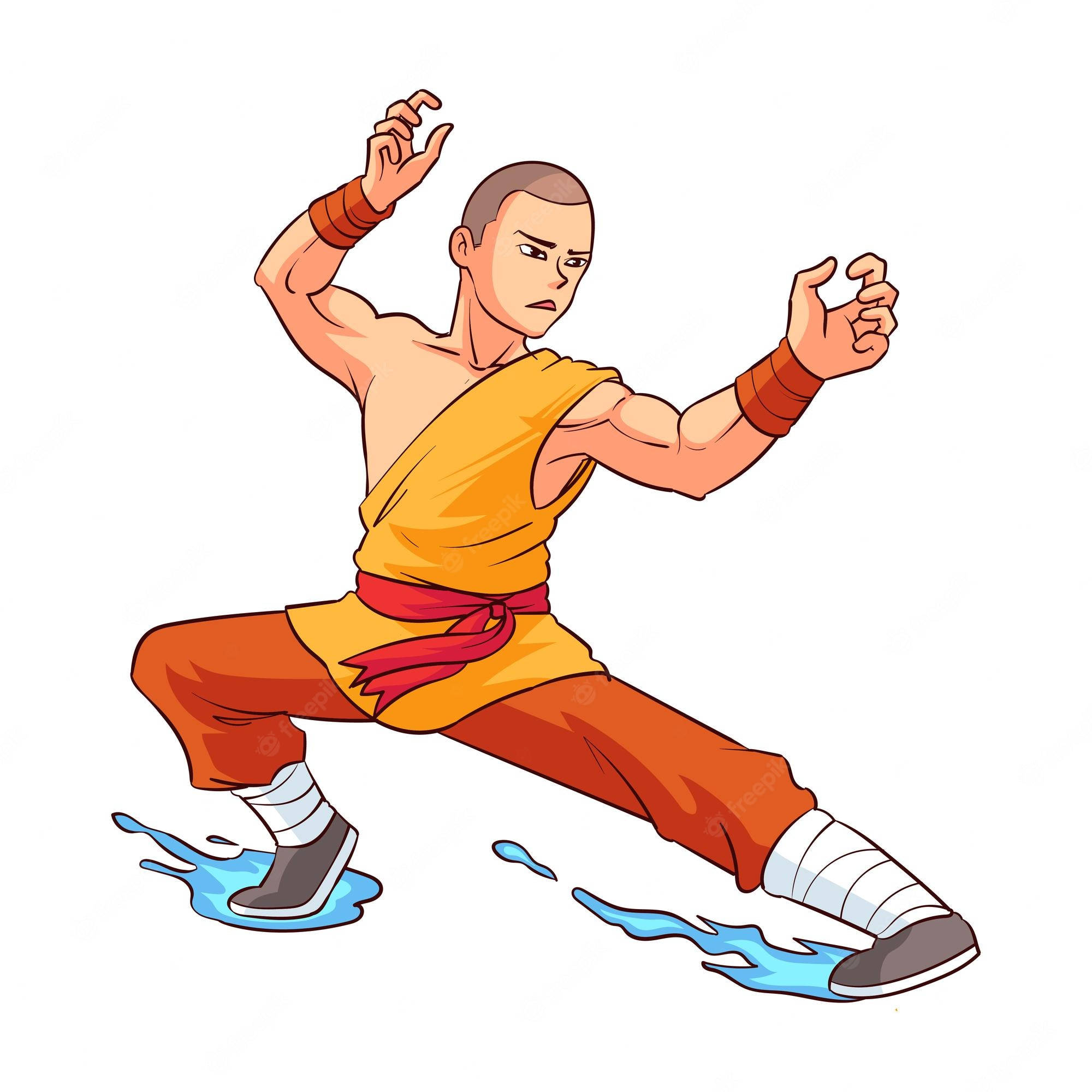 aang 桌布 壁紙 — 一個穿著橙色長袍的卡通僧侶擺出武術姿勢，藍色的水從他的腳上濺起。