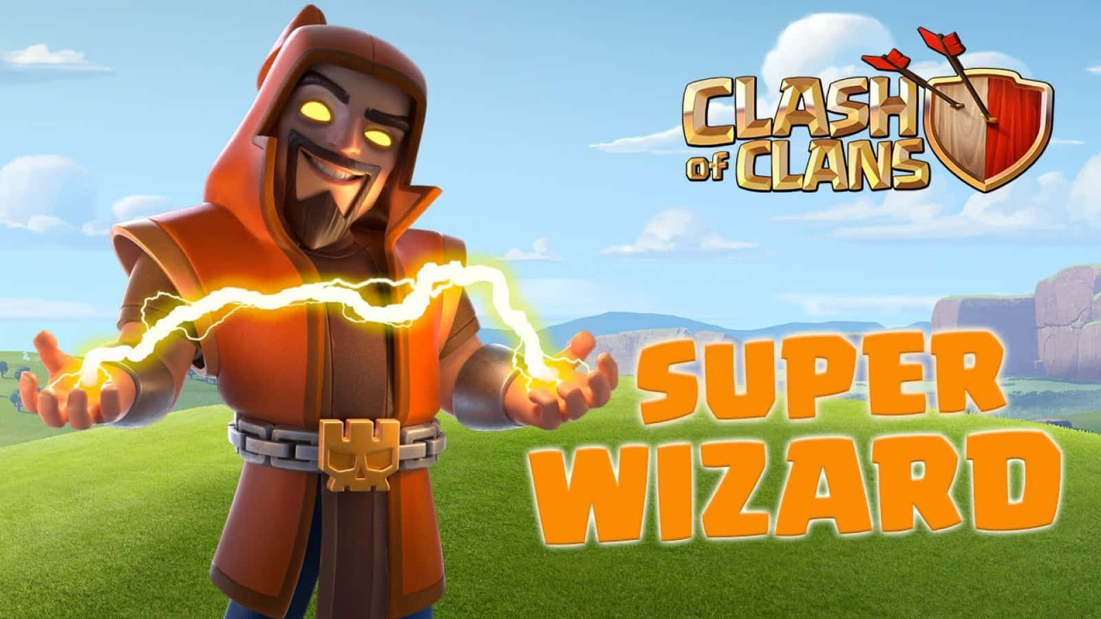 wizard 桌布 壁紙 — 一個穿著橙色長袍的卡通巫師，在陽光明媚的草地上，雙手之間釋放出明亮的黃色閃電。