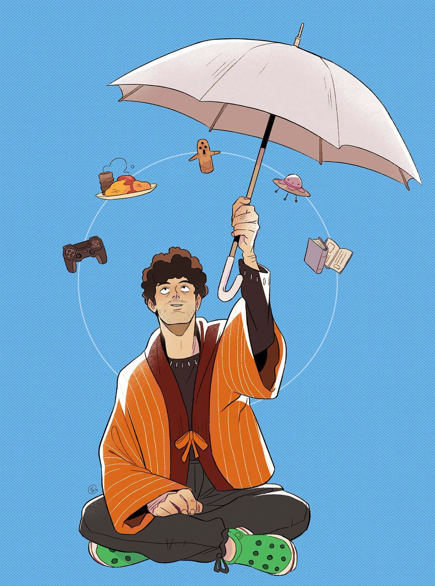 Katsuya Serizawa 桌布 壁紙 — 一個穿著橙色長袍的年輕人盤腿而坐，撐著一把傘，遮擋著漂浮的遊戲控制器書籍和食物，背景是藍天。
