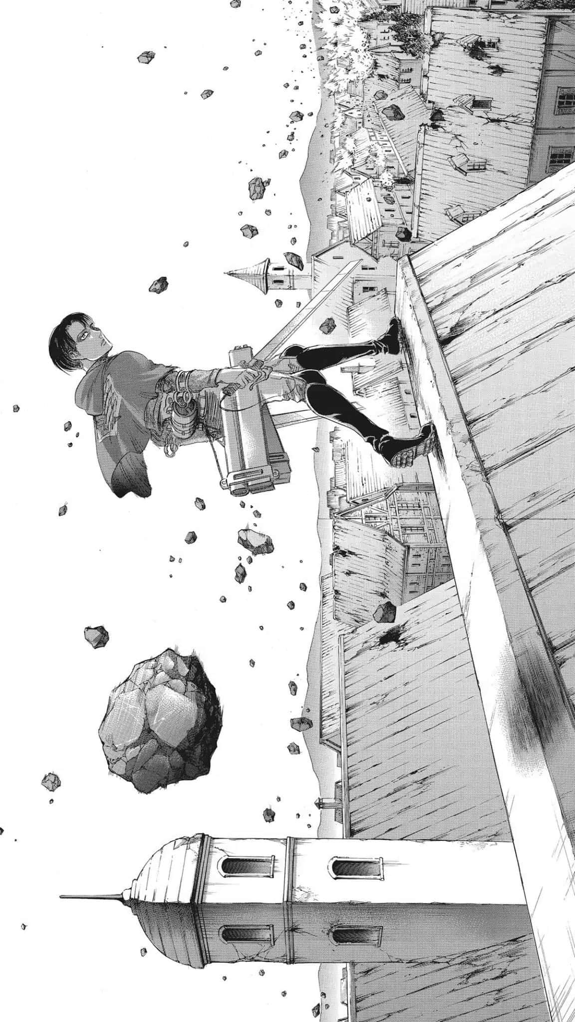 Manga Series 桌布 壁紙 — 一個穿著機械裝甲的戰士在墜落的碎片中跳躍過屋頂，呈現於高對比度的黑白漫畫畫面中。
