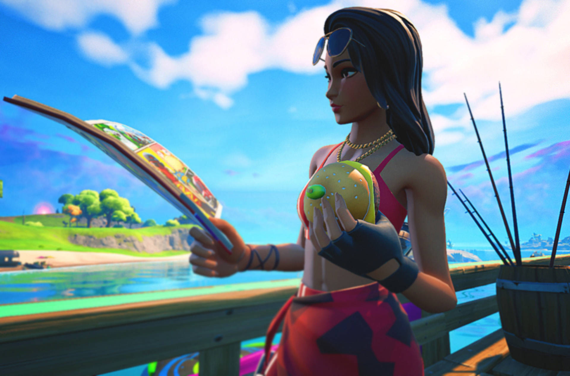 Ruby 桌布 壁紙 — 一個穿著比基尼的Fortnite角色在碼頭上閱讀漫畫，旁邊是熱帶海灘，有釣魚竿和色彩繽紛的天空。
