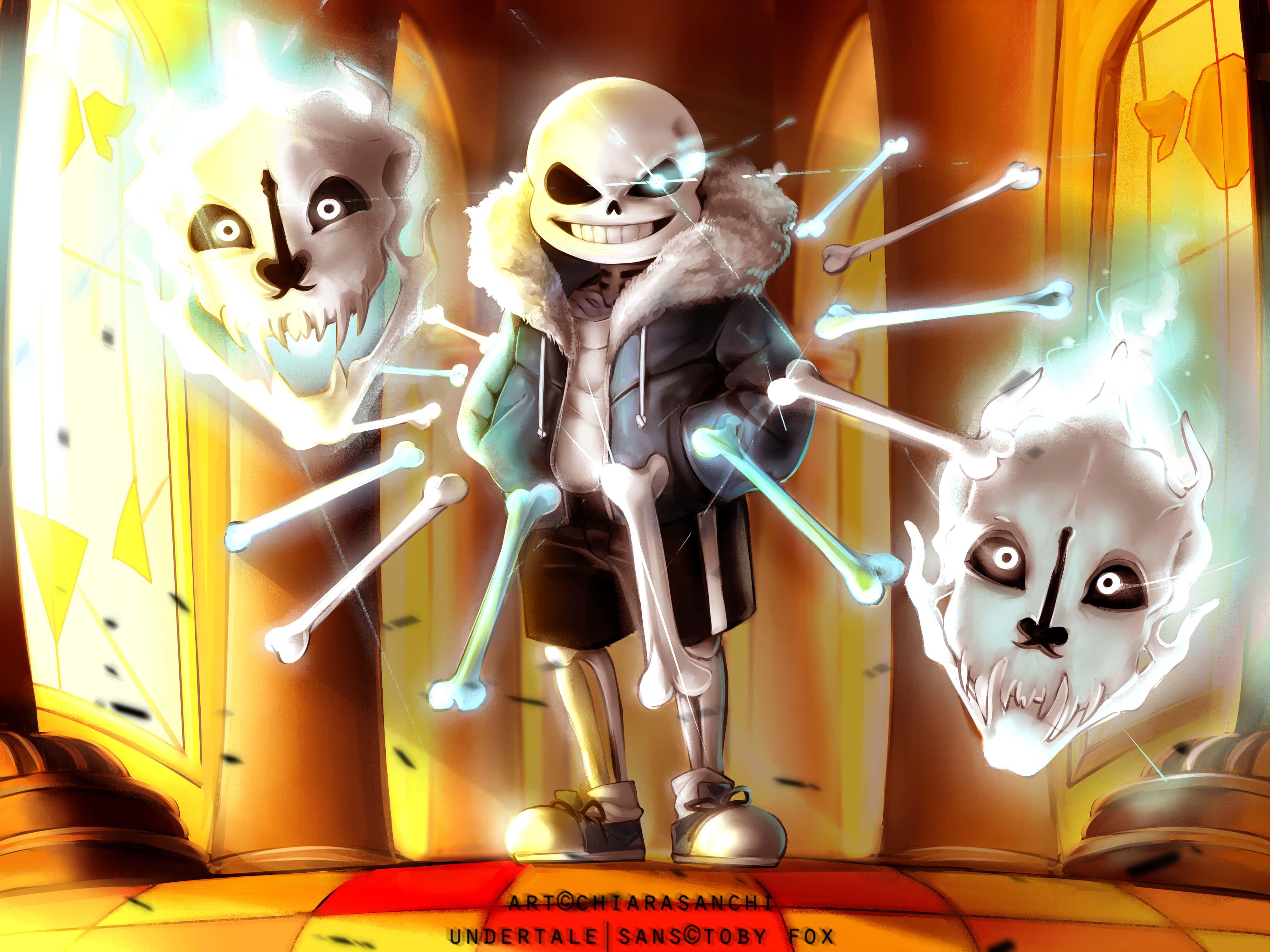 電玩遊戲 桌布 壁紙 — 一個穿著毛皮襯裡外套的骷髏動漫角色，站在金色門口中發光的幽靈狗頭之間。