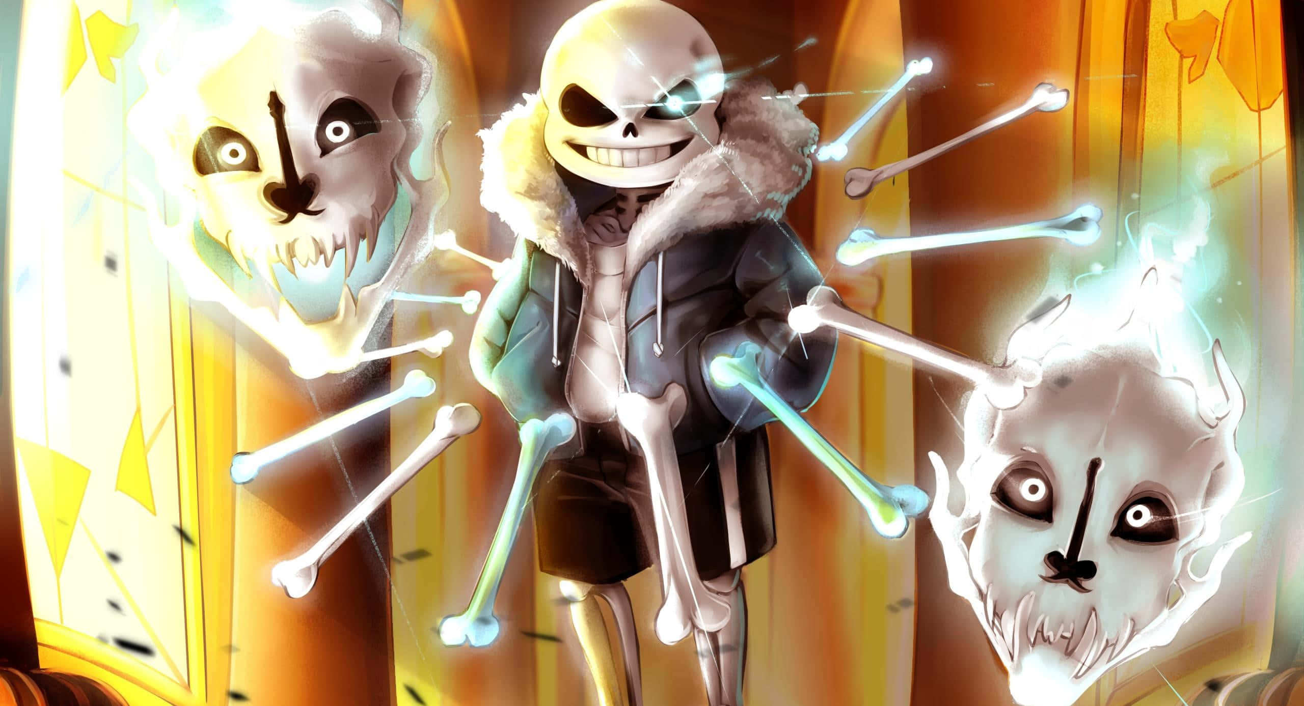 Sans 桌布 壁紙 — 一個穿著毛皮襯裡外套的骷髏動漫角色，站在發光的骨頭和幽靈面孔之間，背景是溫暖的金色。