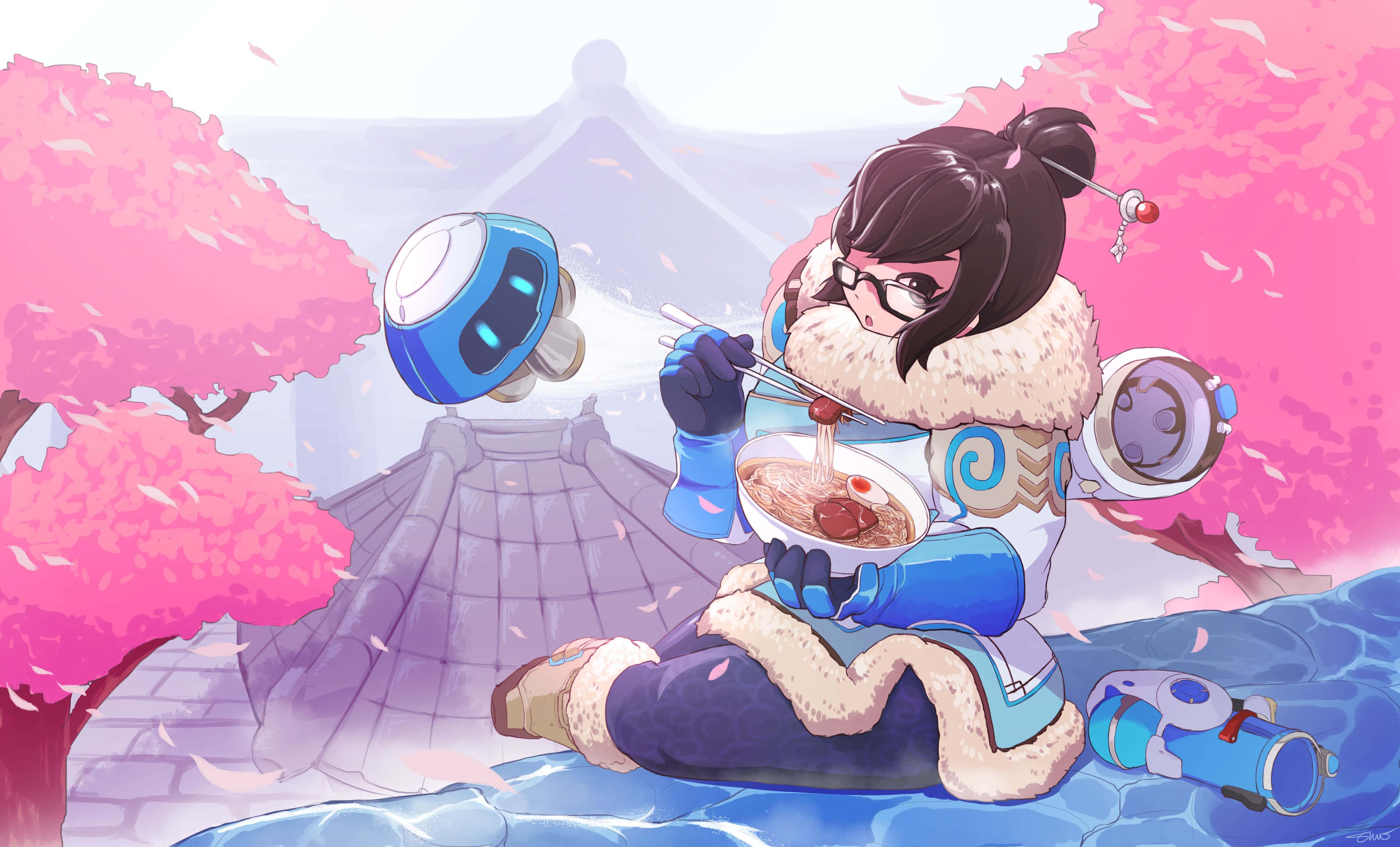 Overwatch Mei 桌布 壁紙 — 一個穿著毛絨冬季服裝的角色在粉紅櫻花下與機械同伴坐在冰上吃拉麵。
