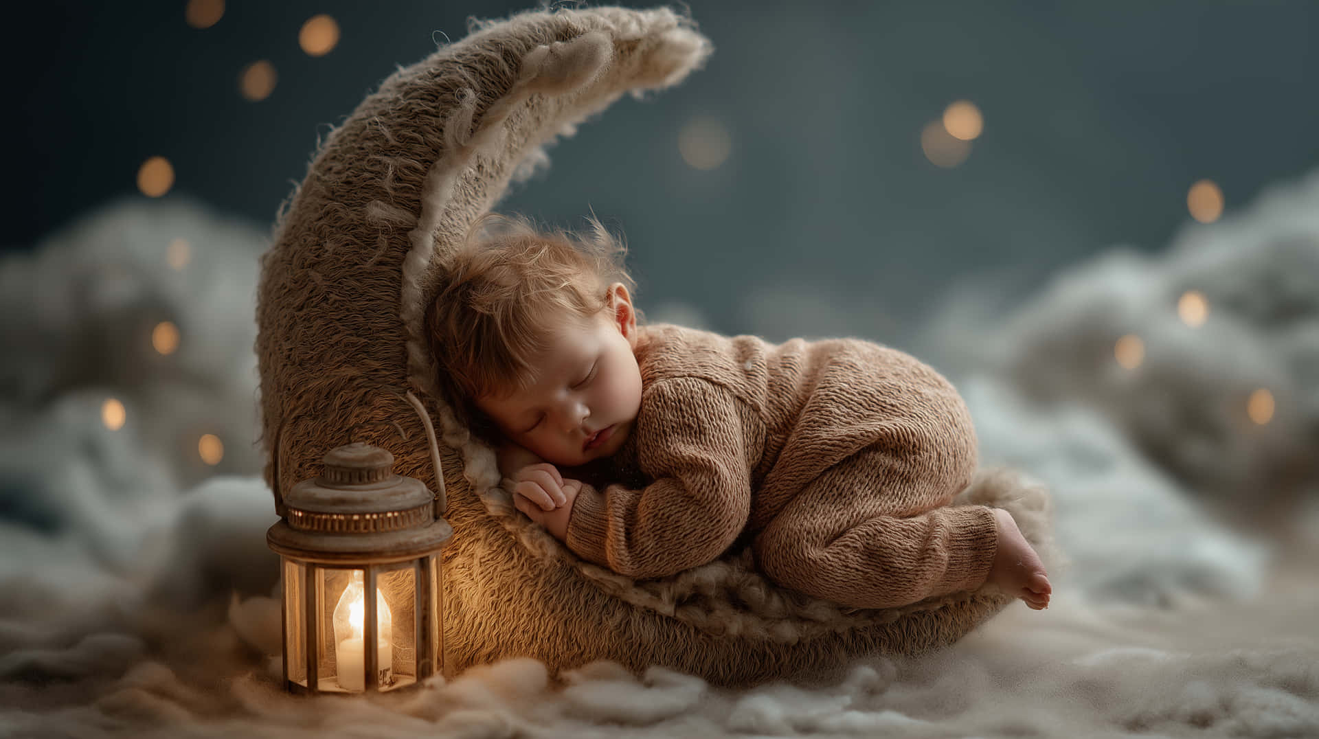 Infant Asleep on a Celestial Moon with a Soft Lantern Glow 壁紙 — 一個穿著毛絨棕色連體衣的睡寶寶，在柔軟的雲朵上，靠著新月形靠墊，旁邊有一盞發光的燈籠。