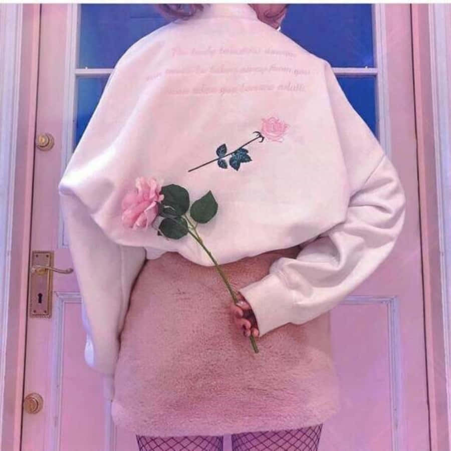 Pink Sweater 桌布 壁紙 — 一個穿著毛絨粉紅色服裝的人站在相配的粉紅色門前，手持一朵玫瑰。