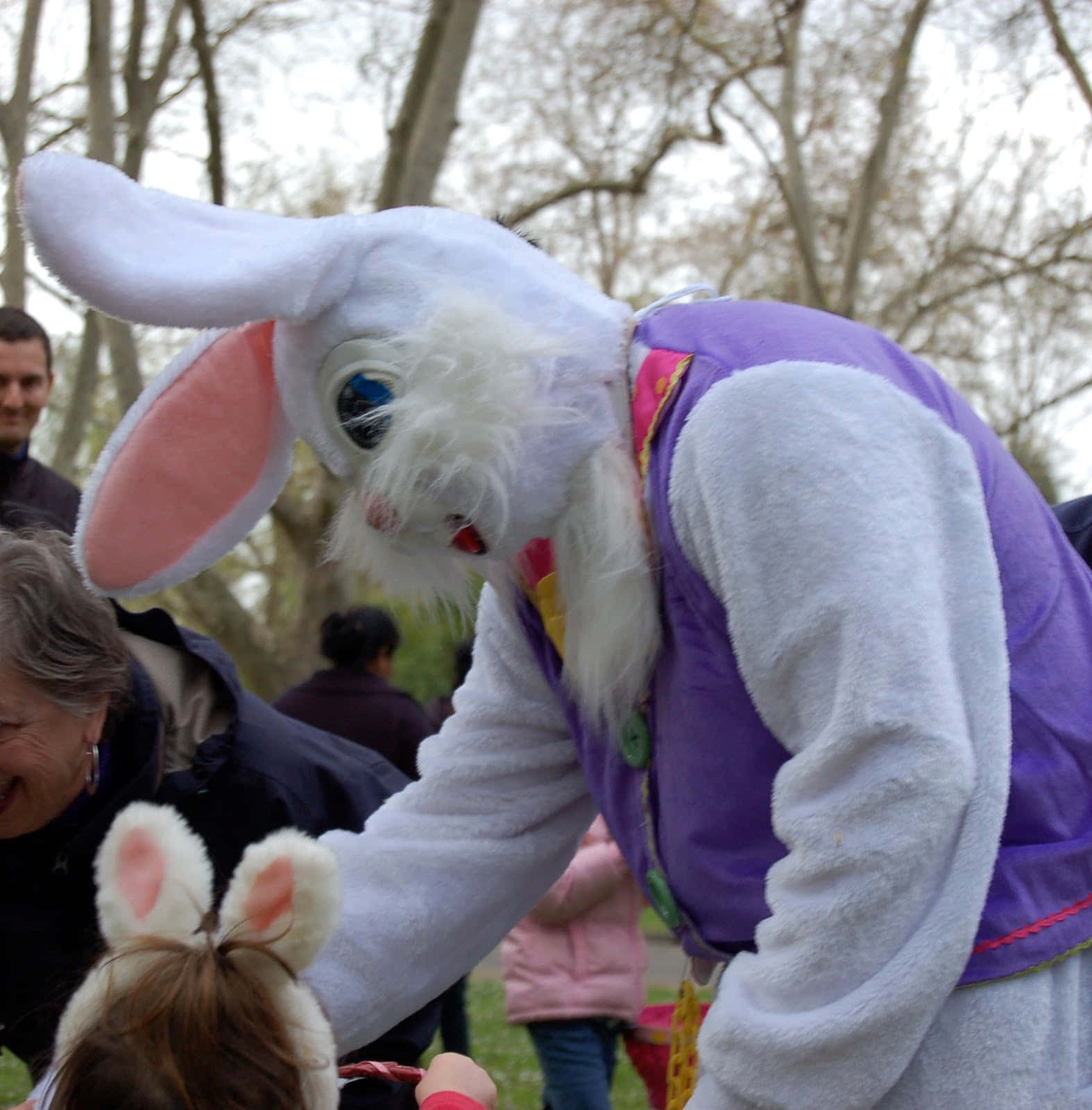 Creepy Easter Bunny 桌布 壁紙 — 一個穿著毛茸茸白色兔子服裝、戴著粉紅色耳朵和紫色背心的人彎下腰，與一個在公園裡戴著兔子耳朵的孩子互動。