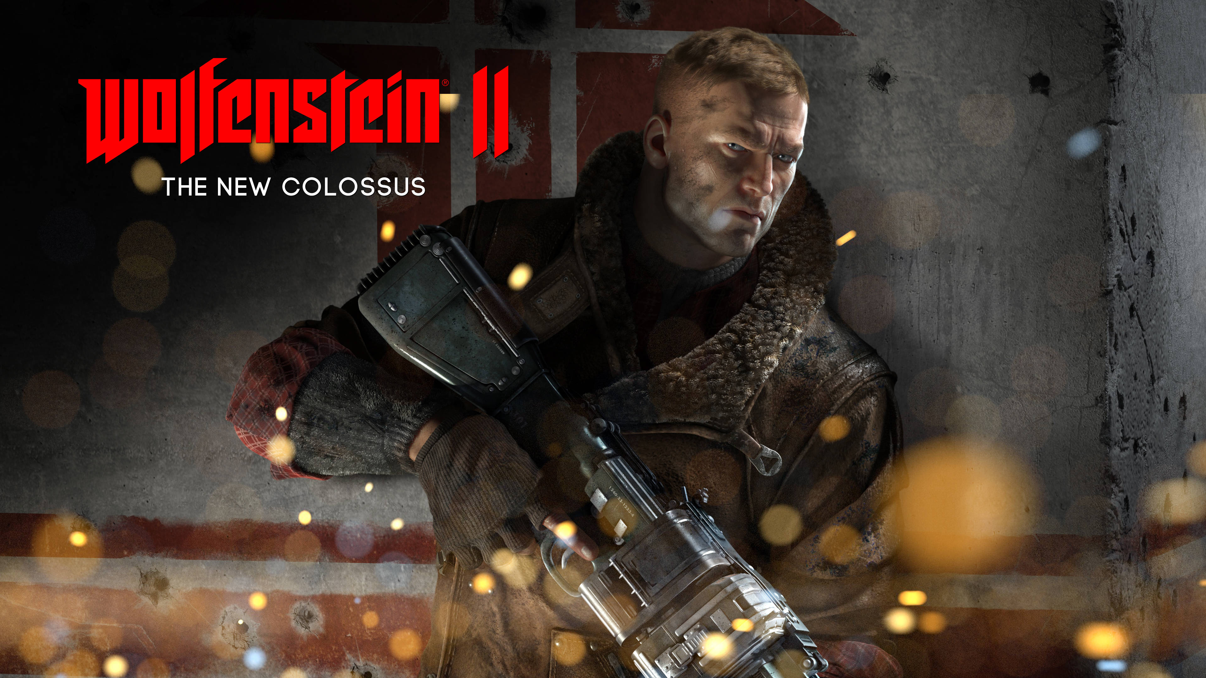 Wolfenstein 桌布 壁紙 — 一個穿著毛領外套的粗獷士兵，在戰火摧殘的混凝土牆上，握著重型機槍，周圍火花四濺，彈孔累累。