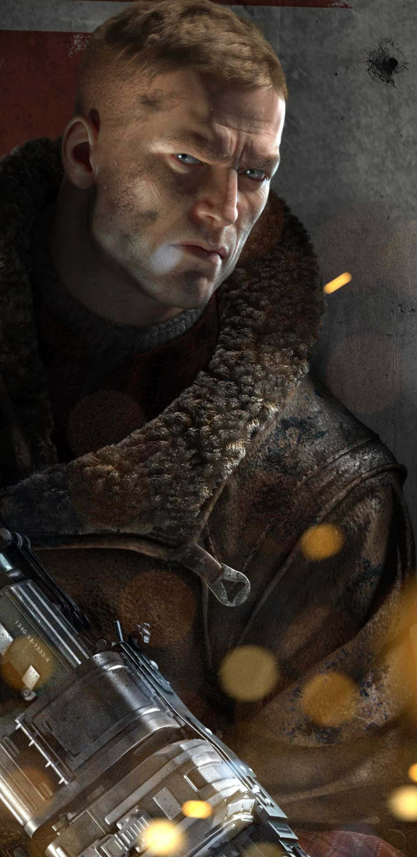 character design 桌布 壁紙 — 一個穿著毛領外套的粗獷士兵在昏暗的戰區中緊握步槍，火花四濺。