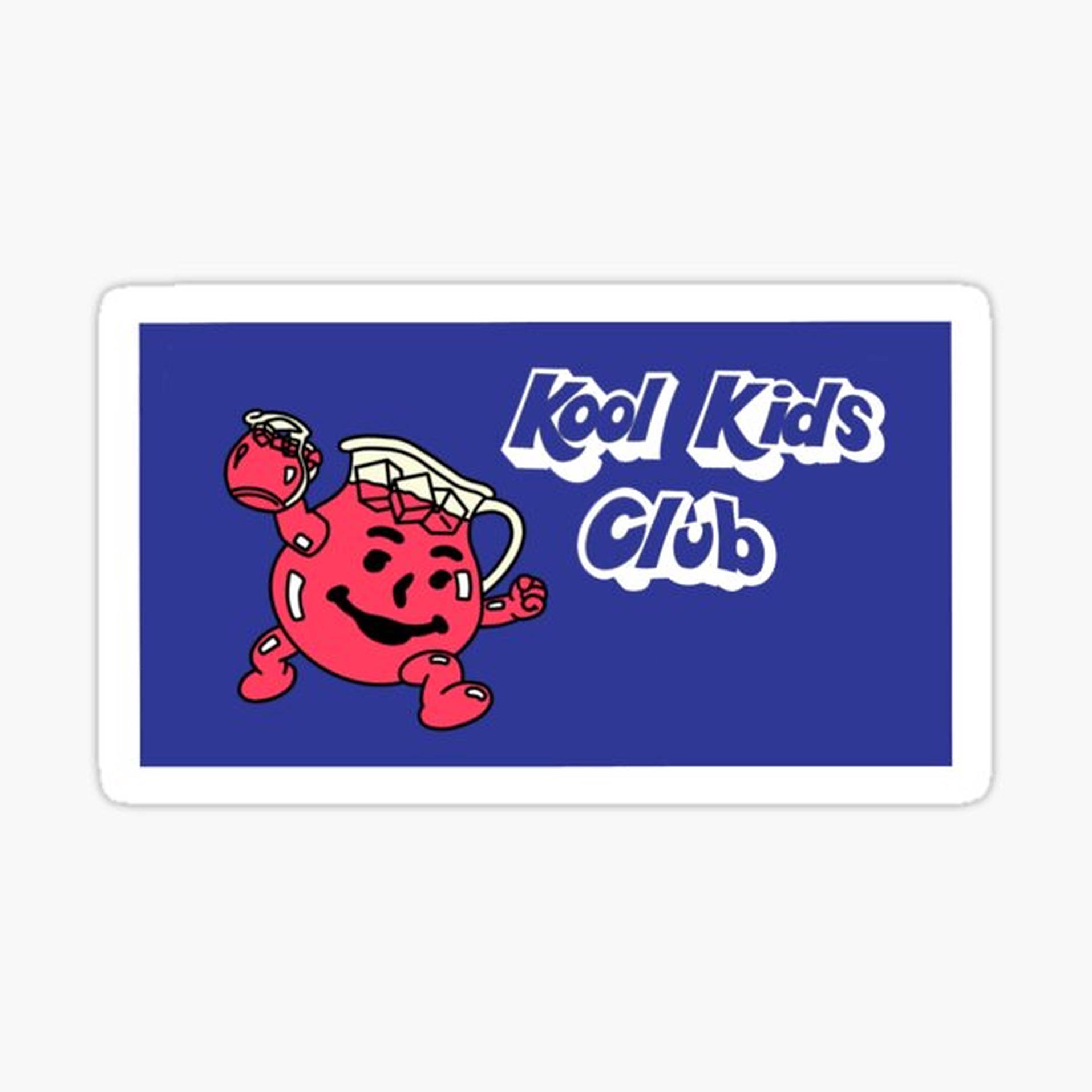 Kool Aid 小幫手 桌布 壁紙 — 一個穿著水壺服裝的開心紅色Kool Aid吉祥物在鮮明的藍色背景上跳舞，並帶有「Kool Kids Club」文字。
