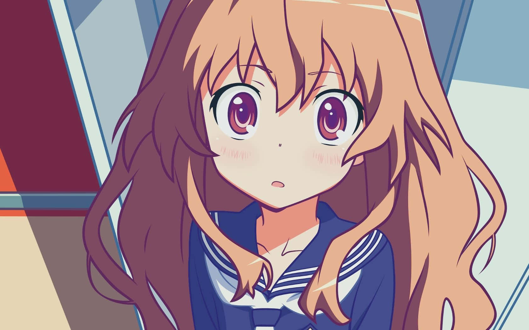 Curly Hair 桌布 壁紙 — 一個穿著水手服、有著長長棕色頭髮和紫色眼睛的驚訝動漫女孩的特寫。