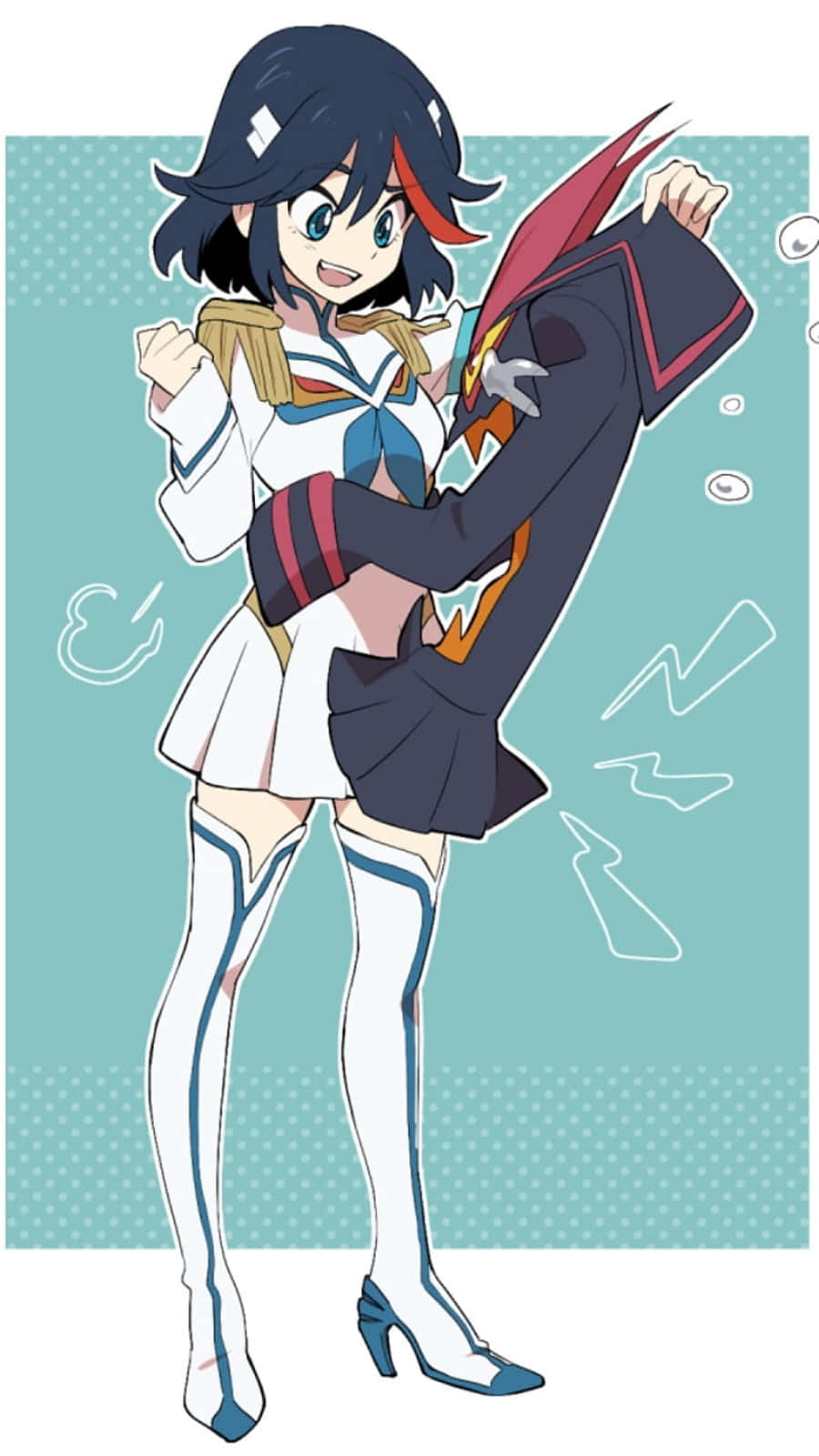 Kill La Kill Senketsu 桌布 壁紙 — 一個穿著水手服和過膝靴的開朗動漫女孩，在青綠色圓點背景前動感地擺姿勢。
